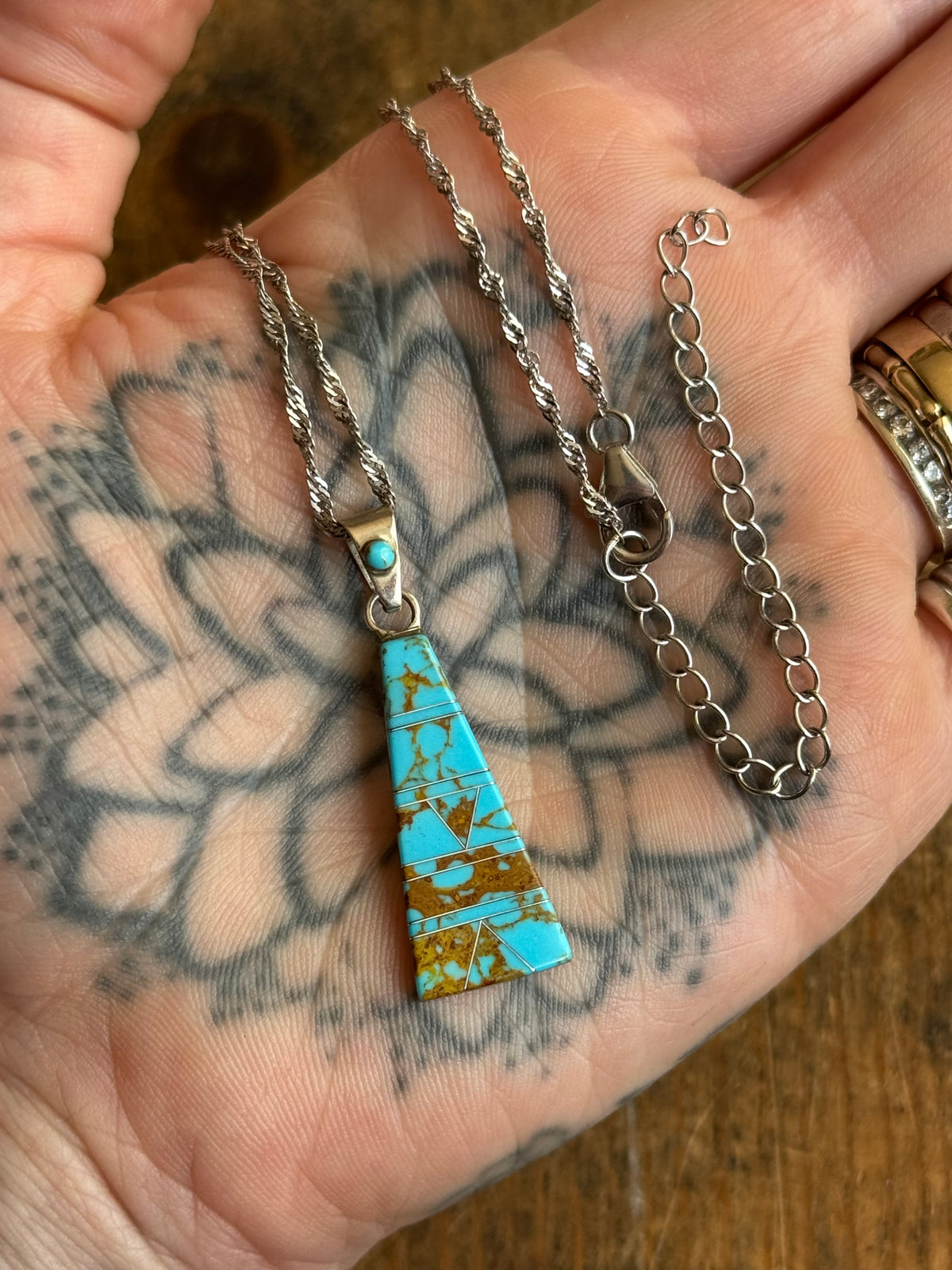 Vintage Sterling Silver Turquoise Inlay Triangle Necklace
