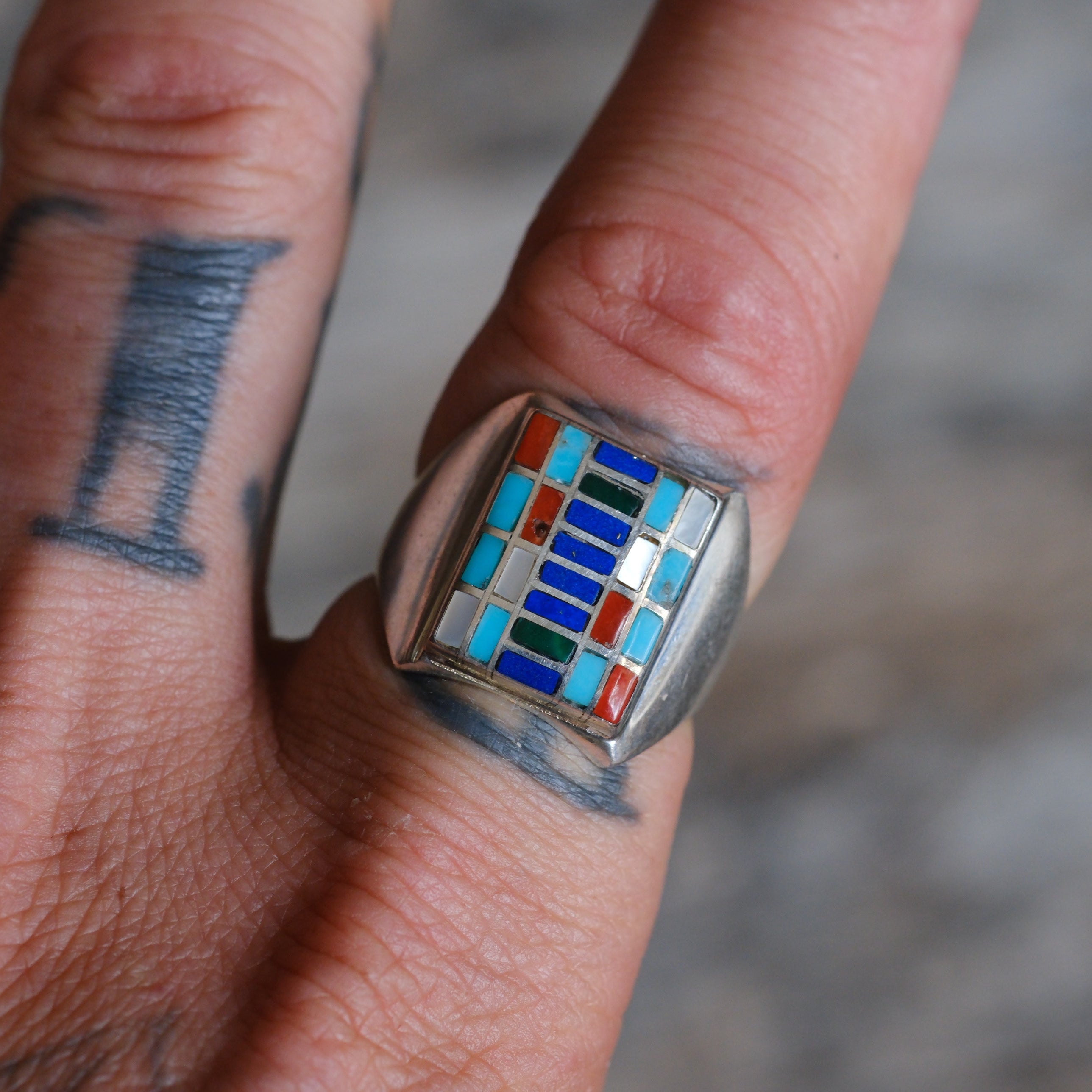 Vintage Sterling Multistone Inlay Mosaic Signet Ring 9
