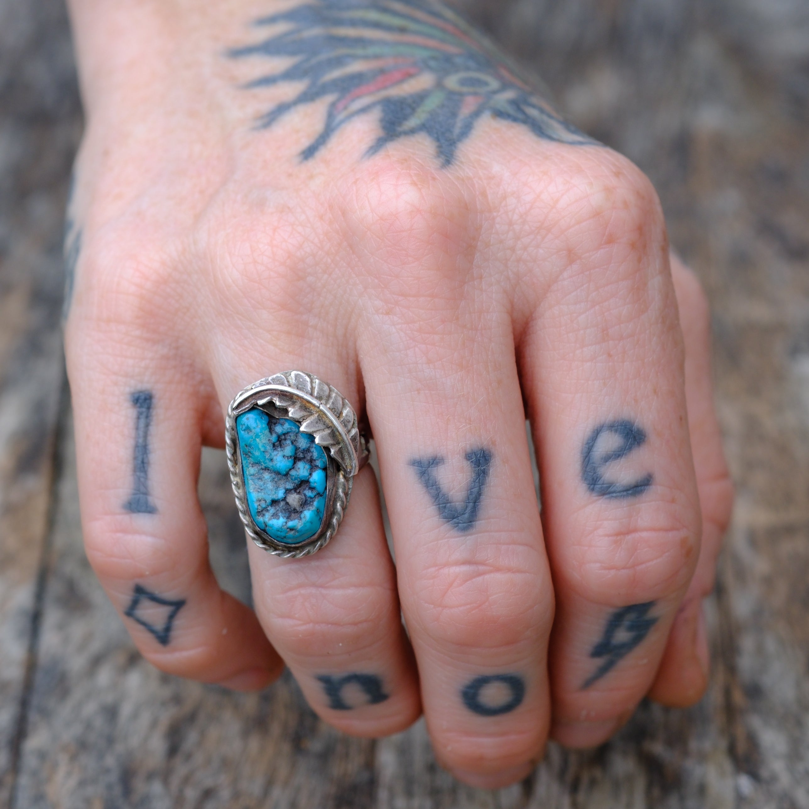 Vintage Sterling Turquoise Feather Ring 5
