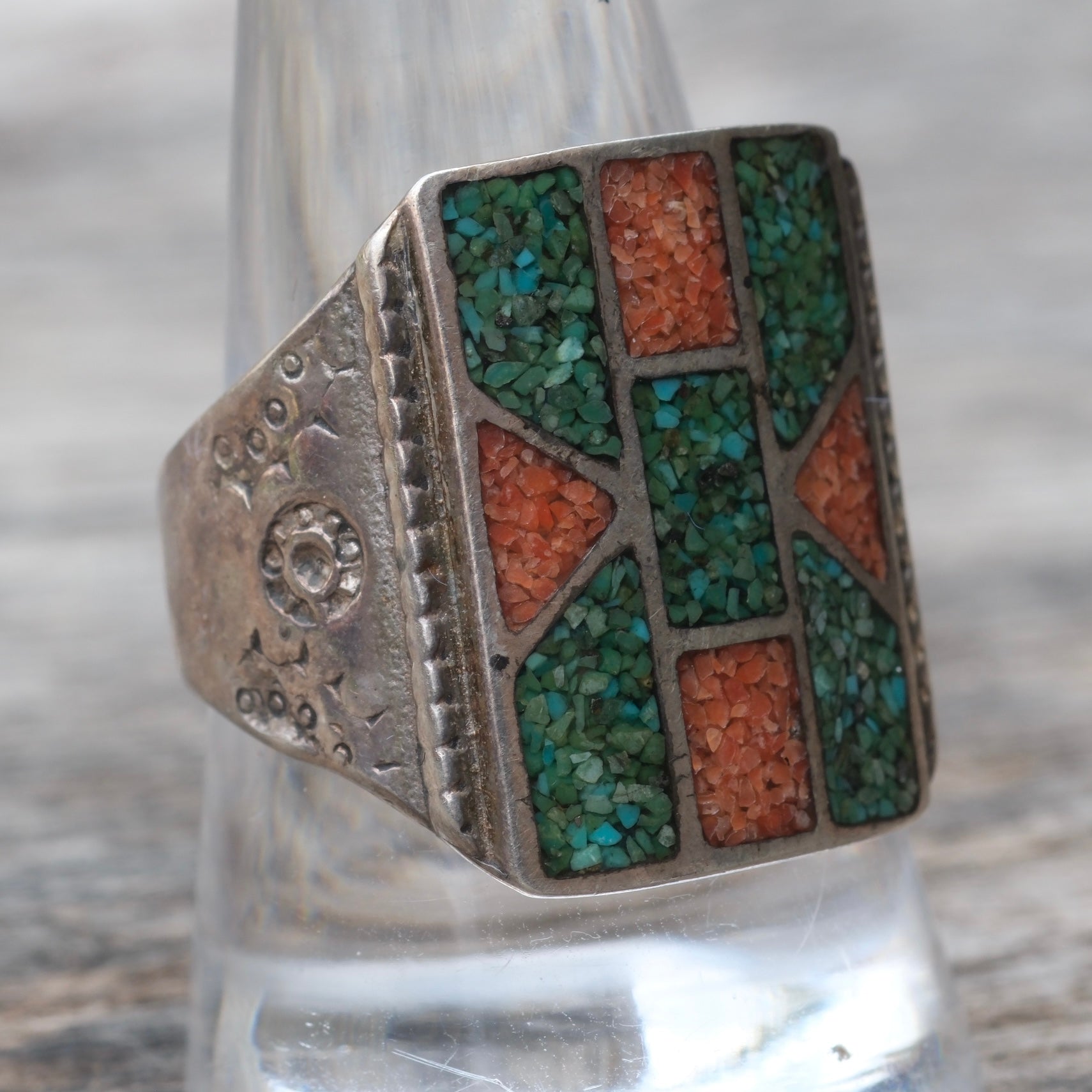 Vintage Sterling Turquoise and Coral Inlay Ring 10.75