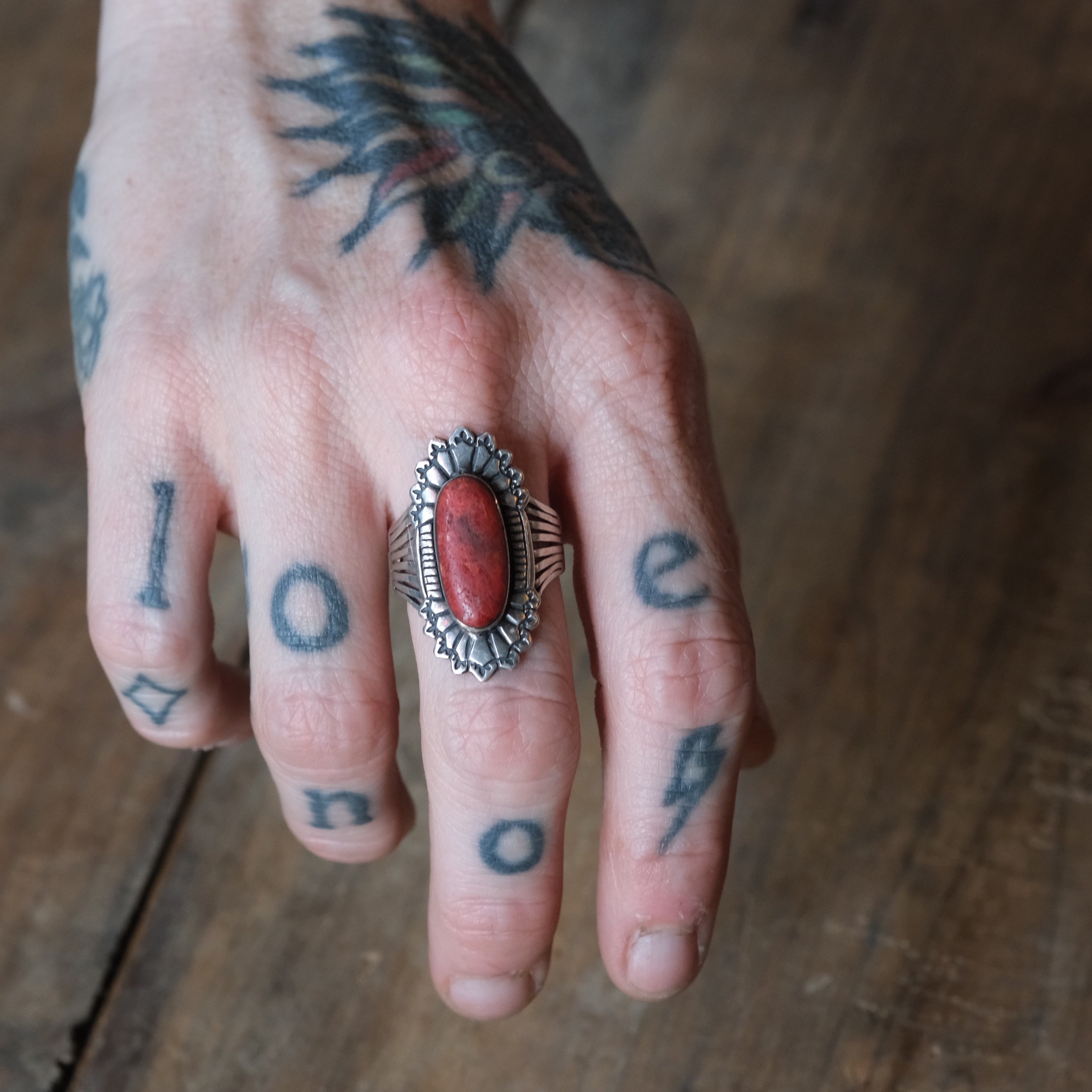 Vintage Sterling Red Jasper Concho Ring 8.5