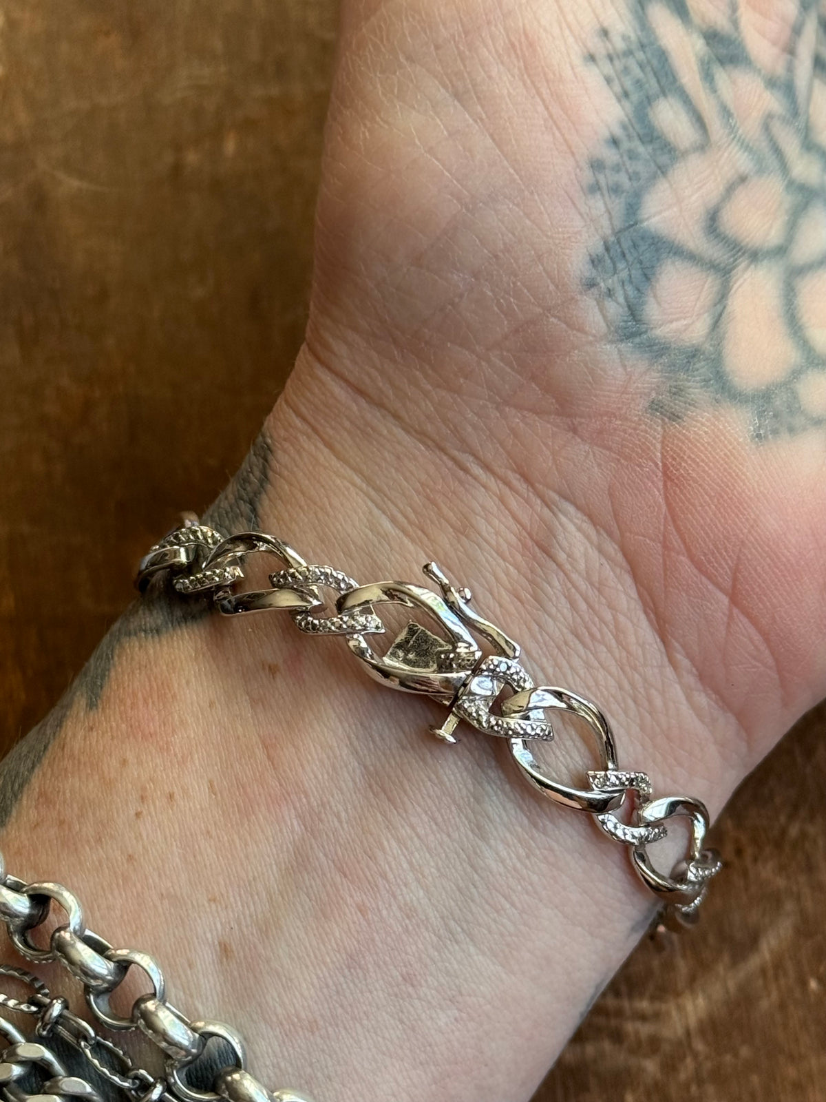 Vintage Sterling Silver 7.5” CZ Short & Long Chain Bracelet