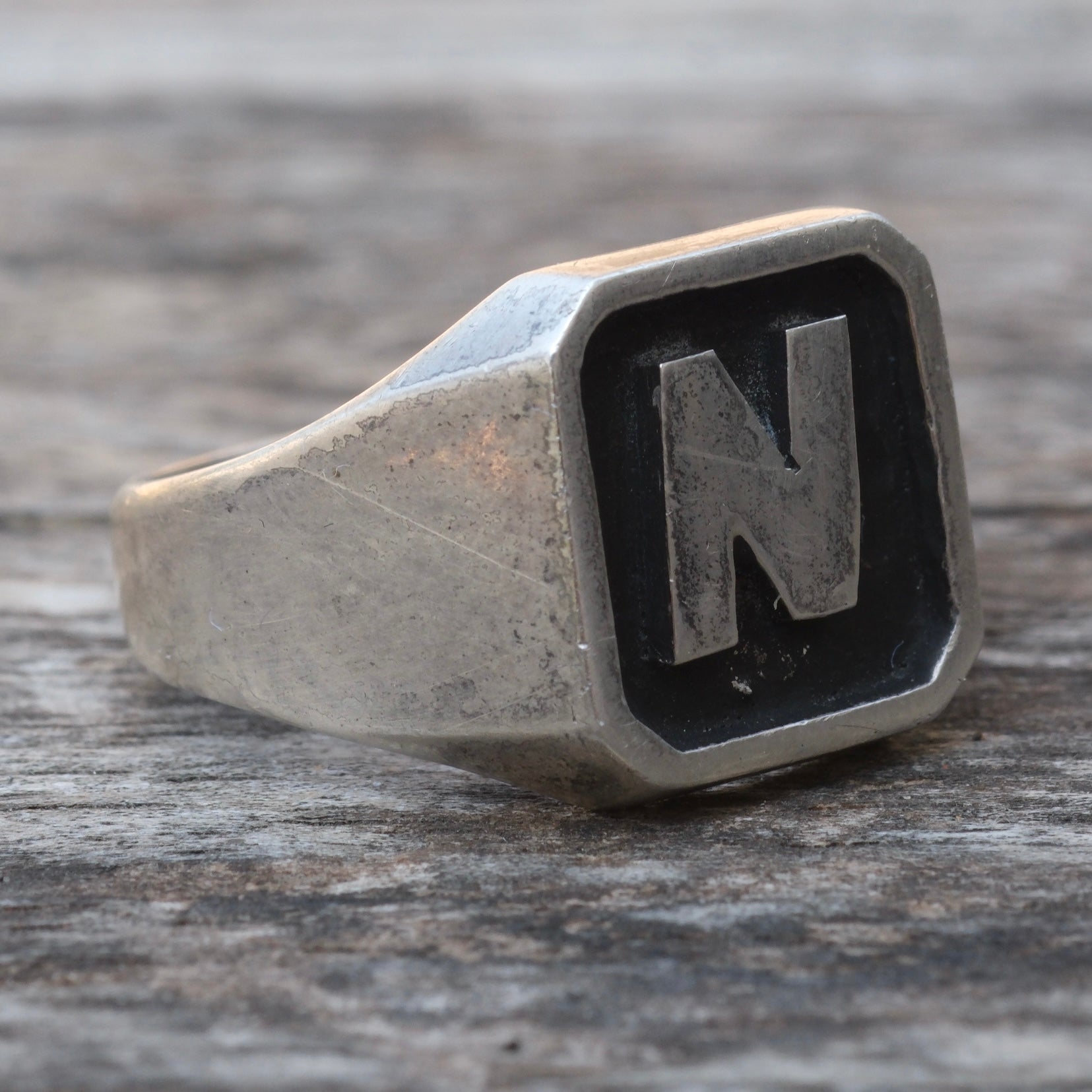Vintage Sterling N Initial Signet Ring 10.75