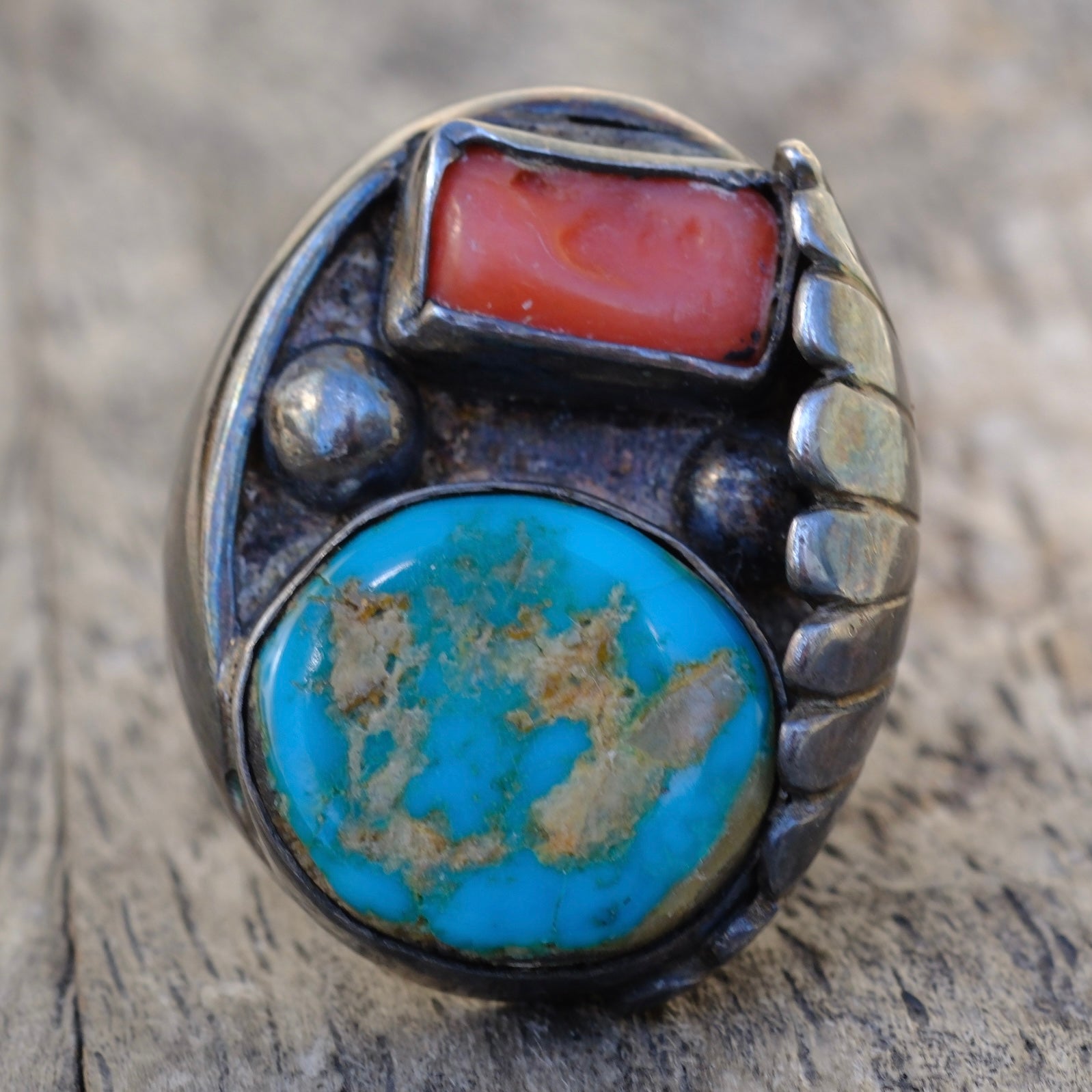Vintage Sterling Turquoise and Coral Feather Ring 7.5