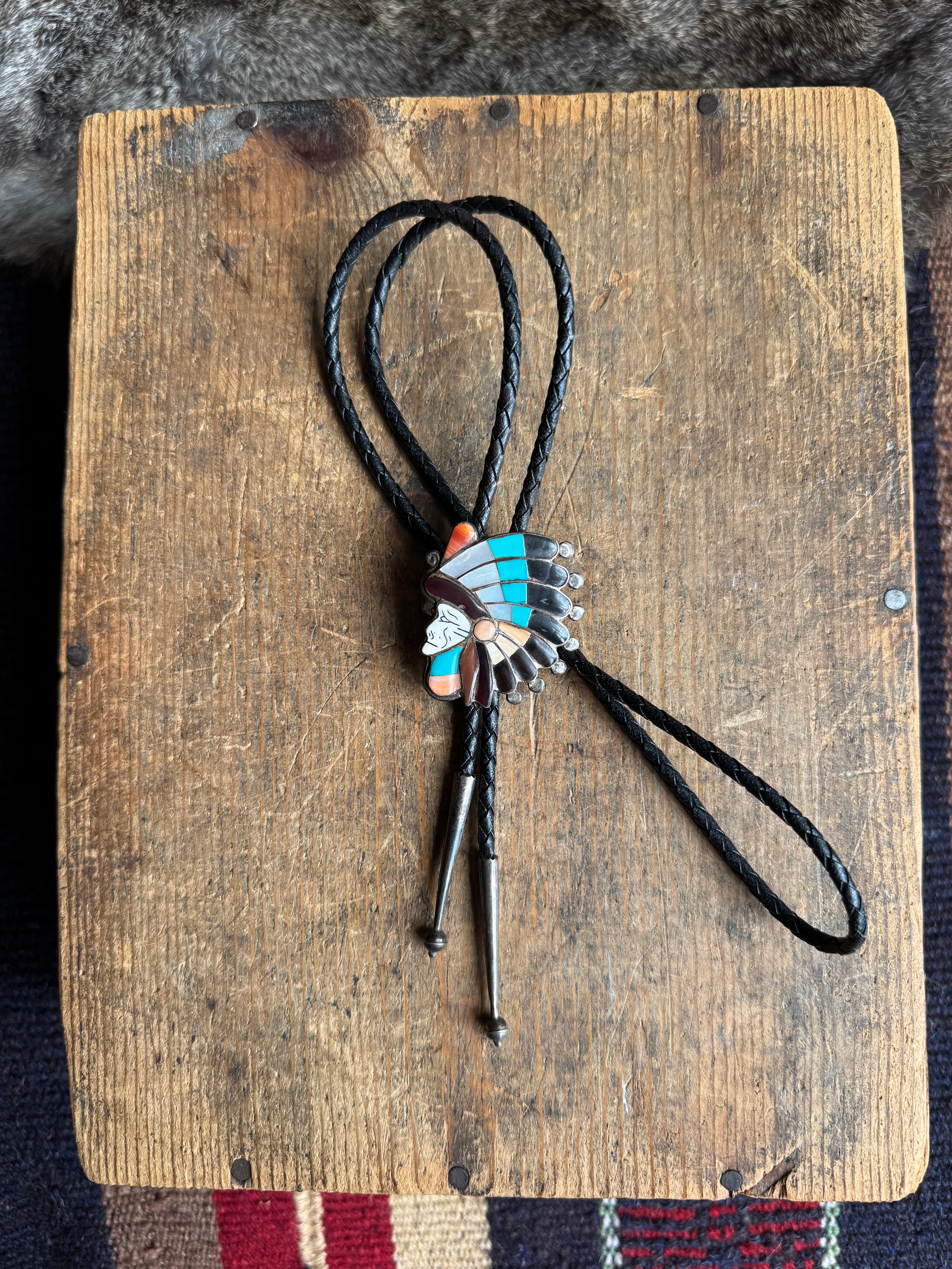 Vintage Sterling Silver Multistone Inlay Chief Head Bolo