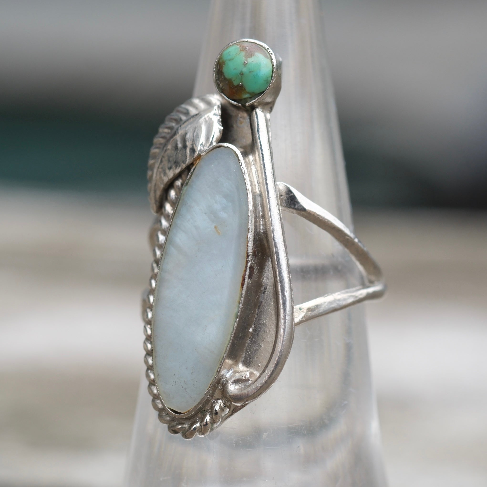 Vintage Sterling Mother Of Pearl Turquoise Ring 5.75