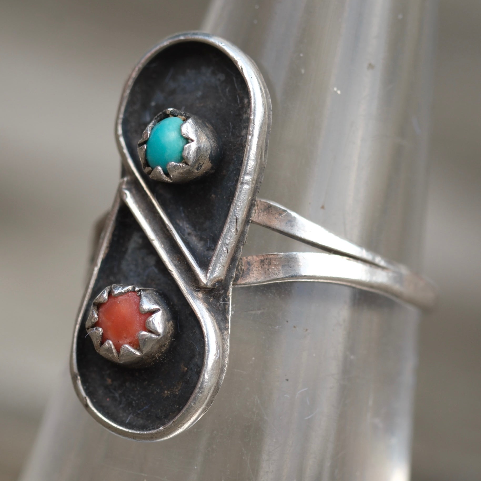 Vintage Sterling Turquoise and Coral Ring 5.75