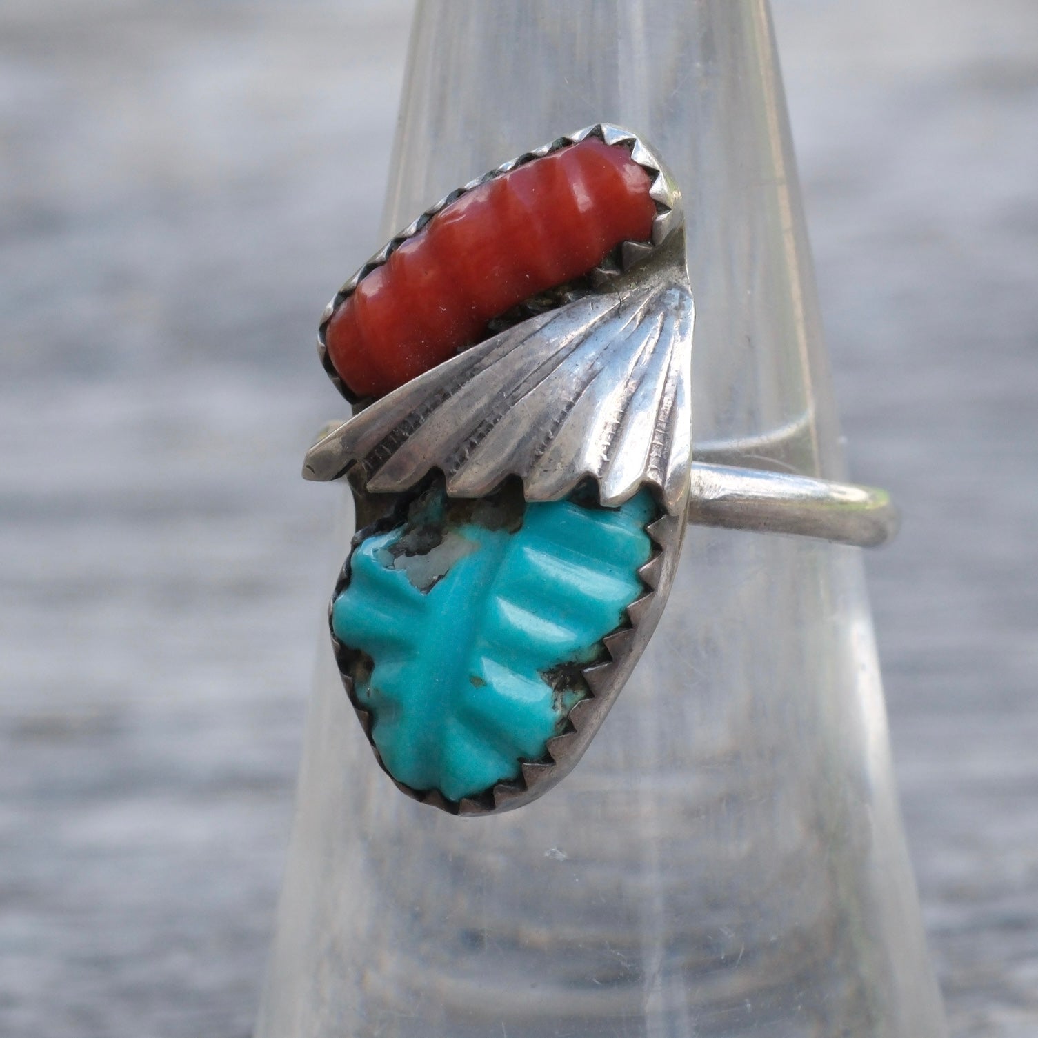 Vintage Sterling Carved Turquoise and Coral Feather Ring 6.5