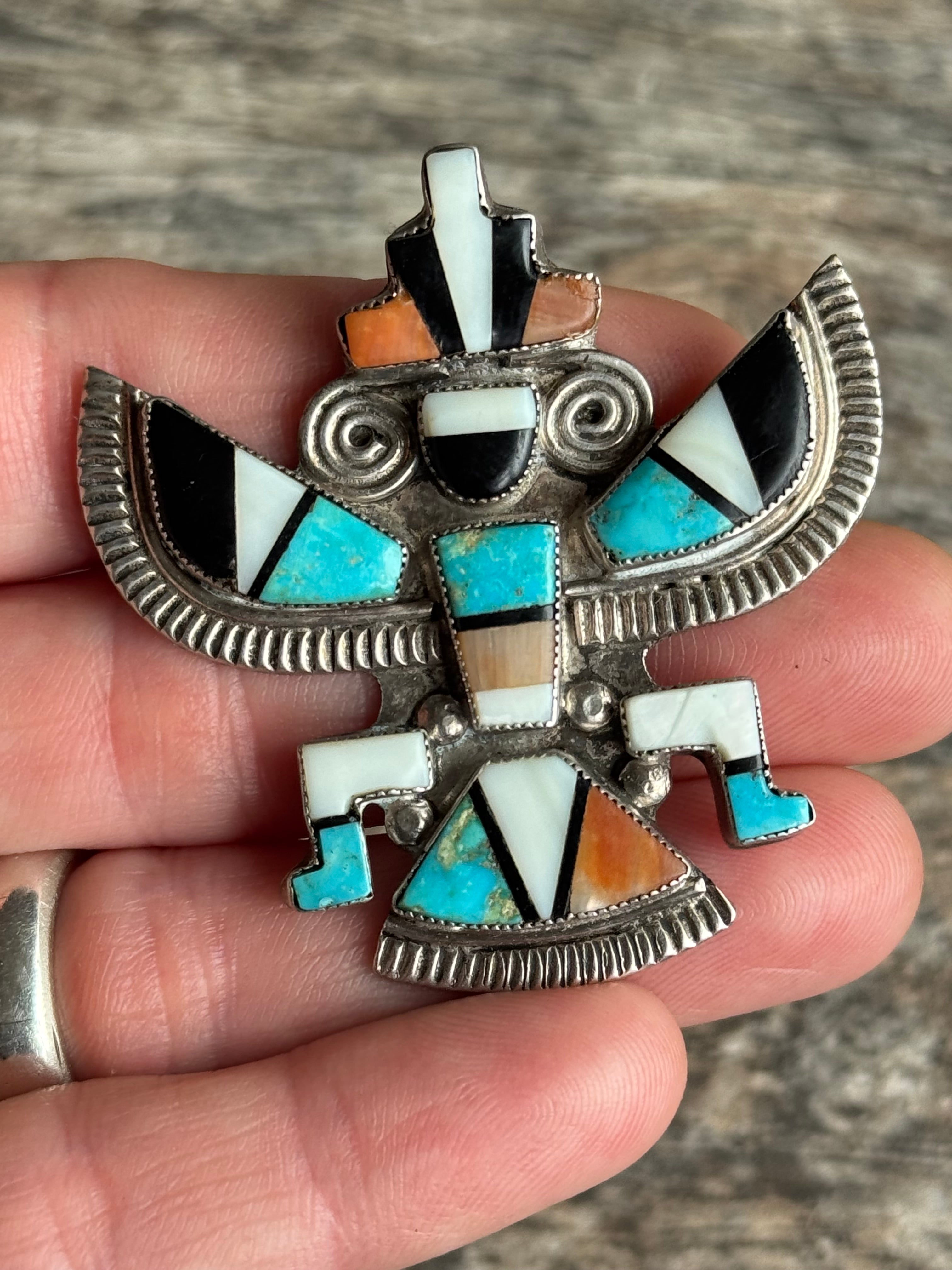 Vintage Sterling Silver Multistone Inlay Knifewing Pin