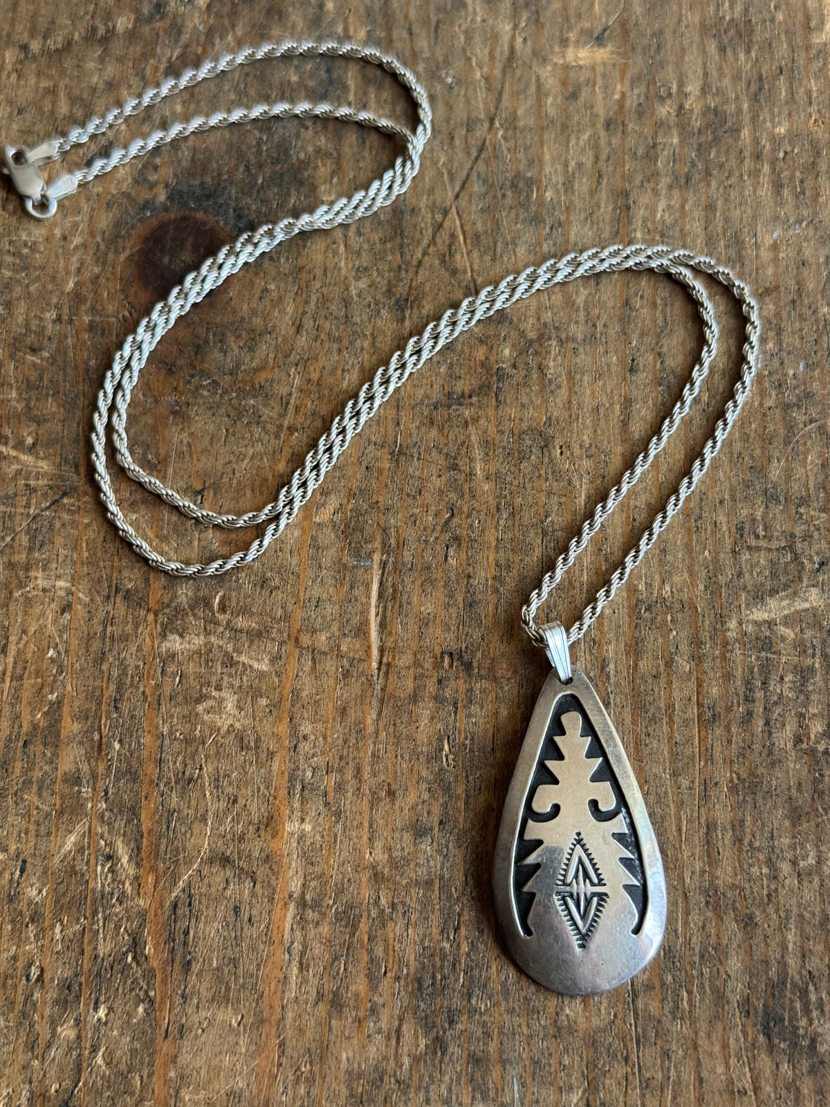 Vintage Sterling Silver Stamped Teardrop Tag Necklace