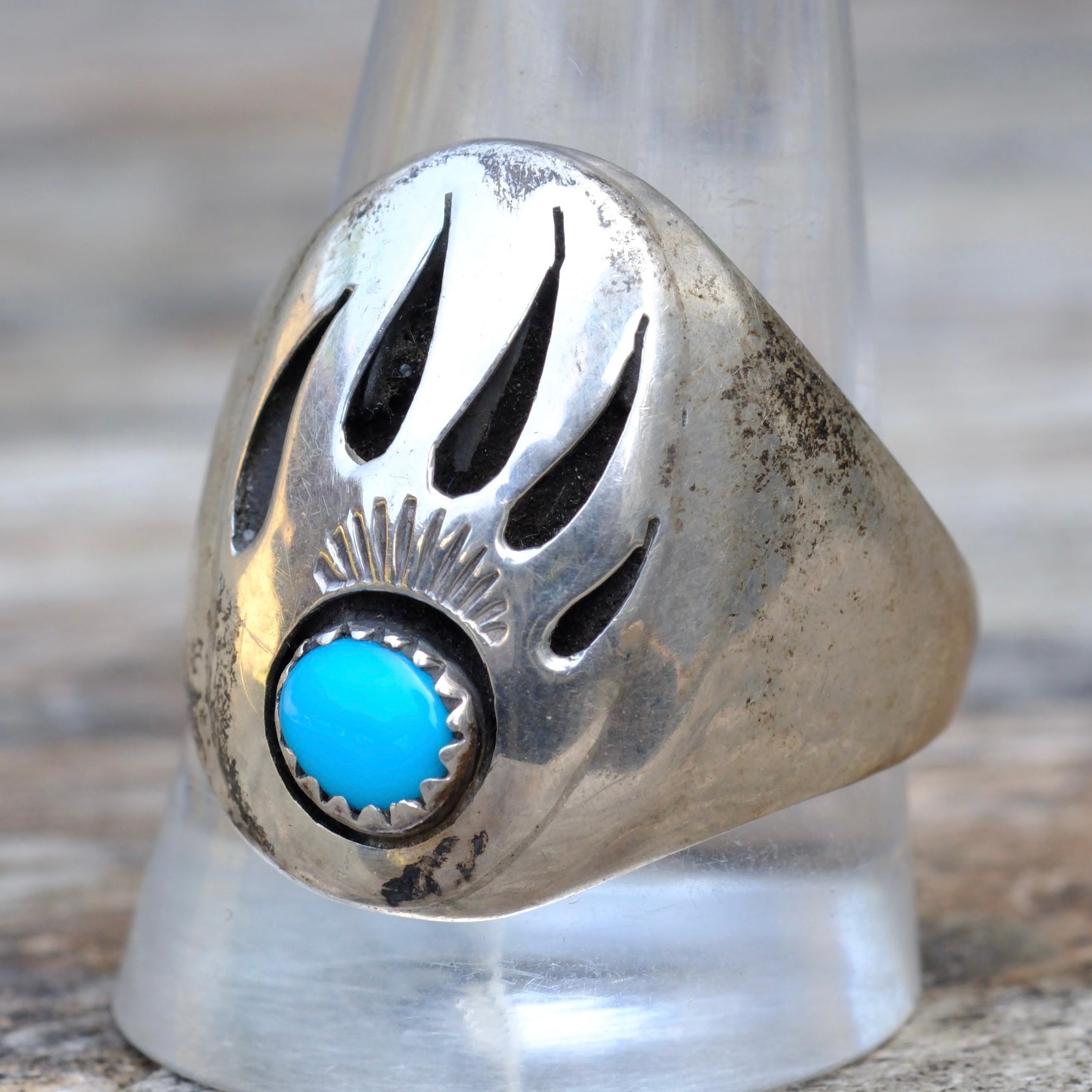 Vintage Sterling Turquoise Bear Paw Ring 12.25