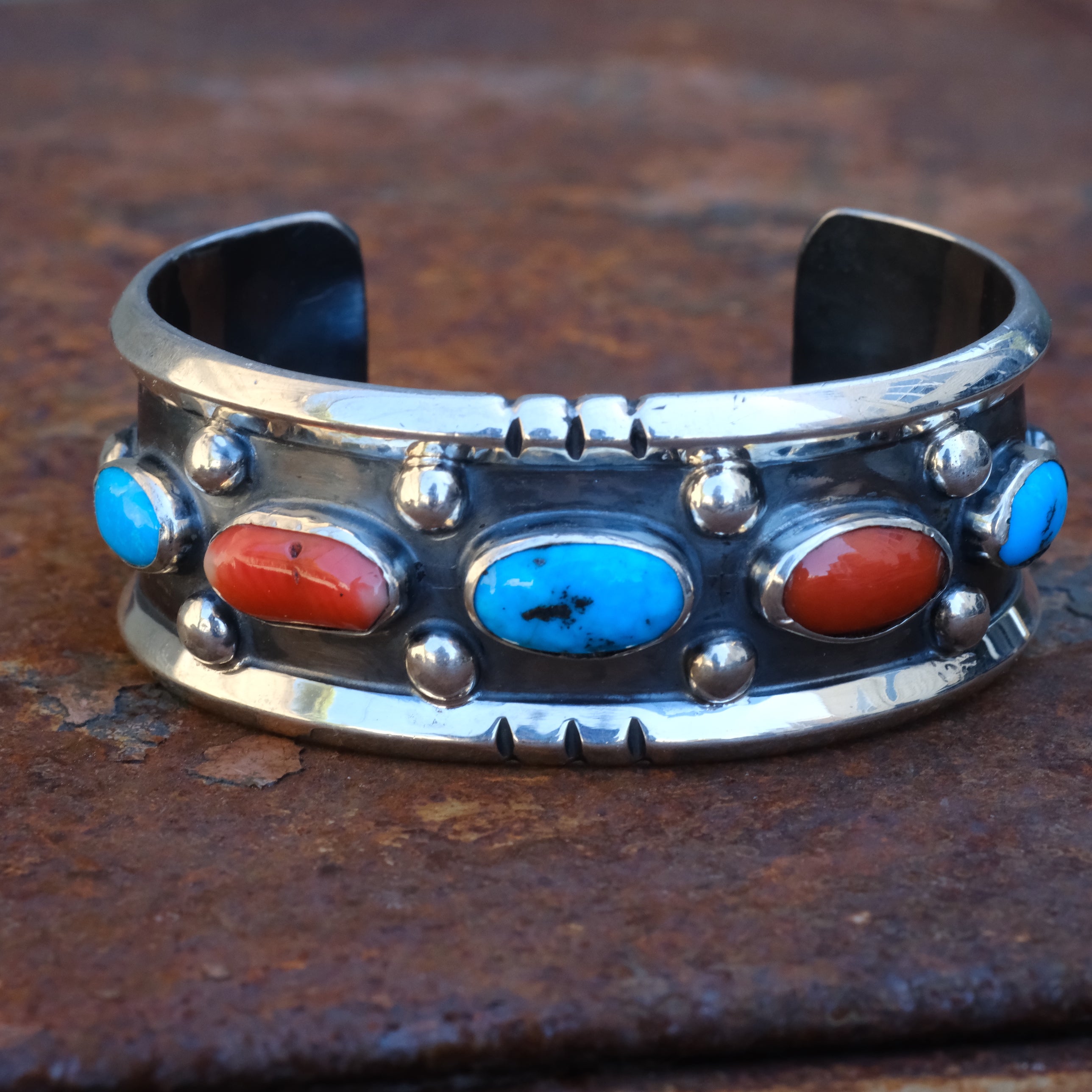 Vintage Sterling Turquoise and Coral Cuff Bracelet