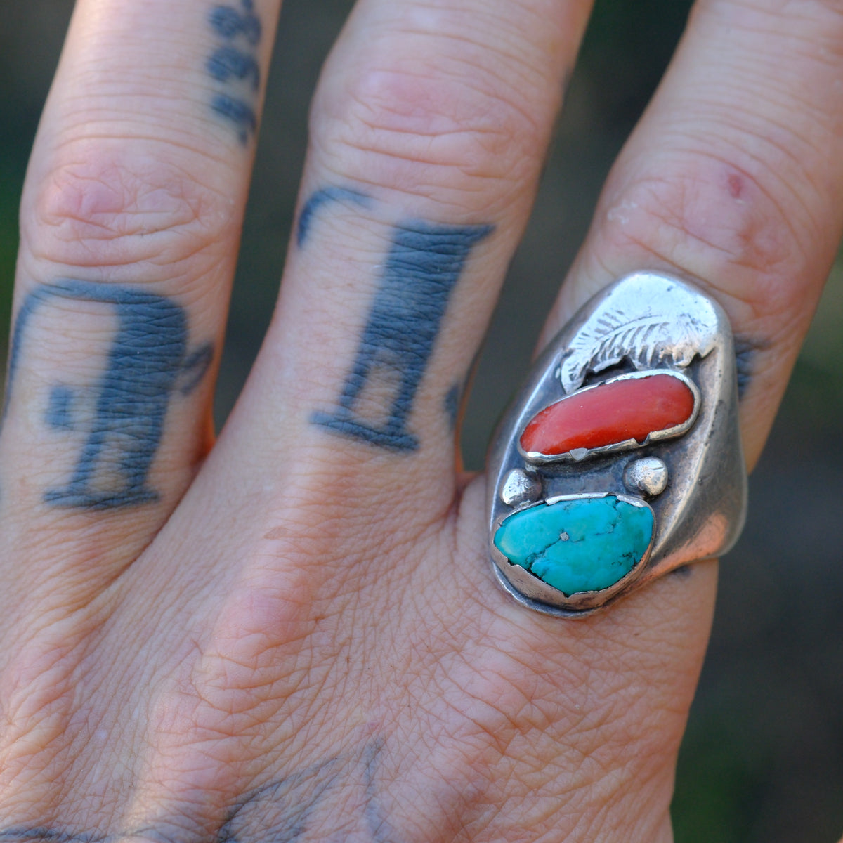 Vintage Sterling Turquoise and Coral Ring 10