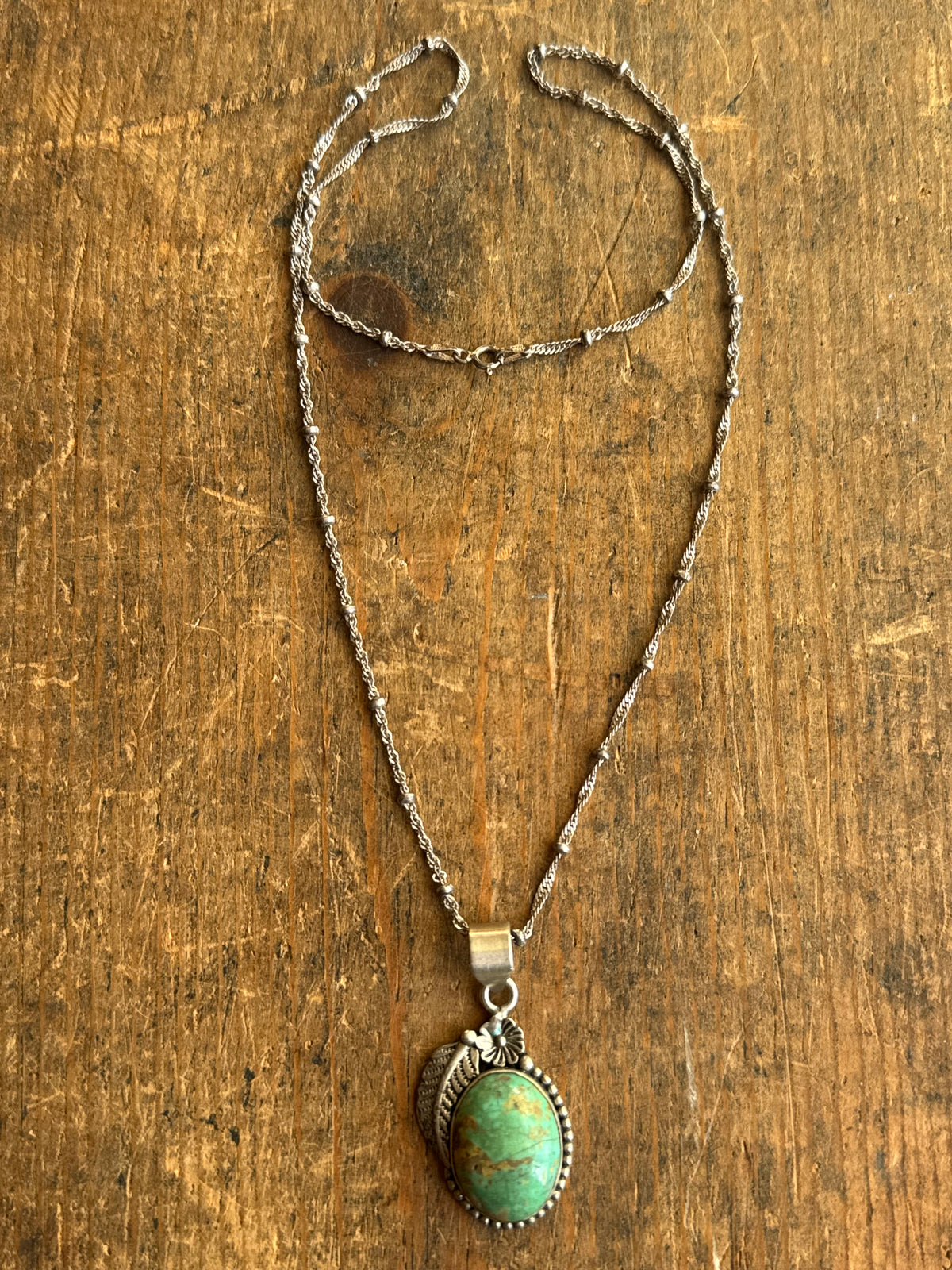Vintage Sterling Silver Turquoise Flower & Leaf Necklace