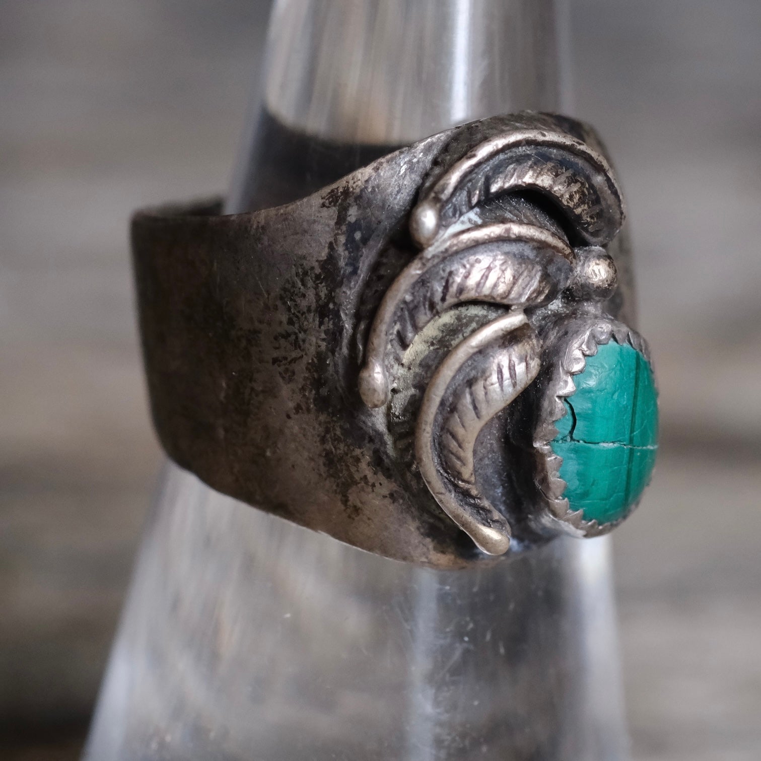 Vintage Sterling Malachite Feather Cigar Band Ring 6.5