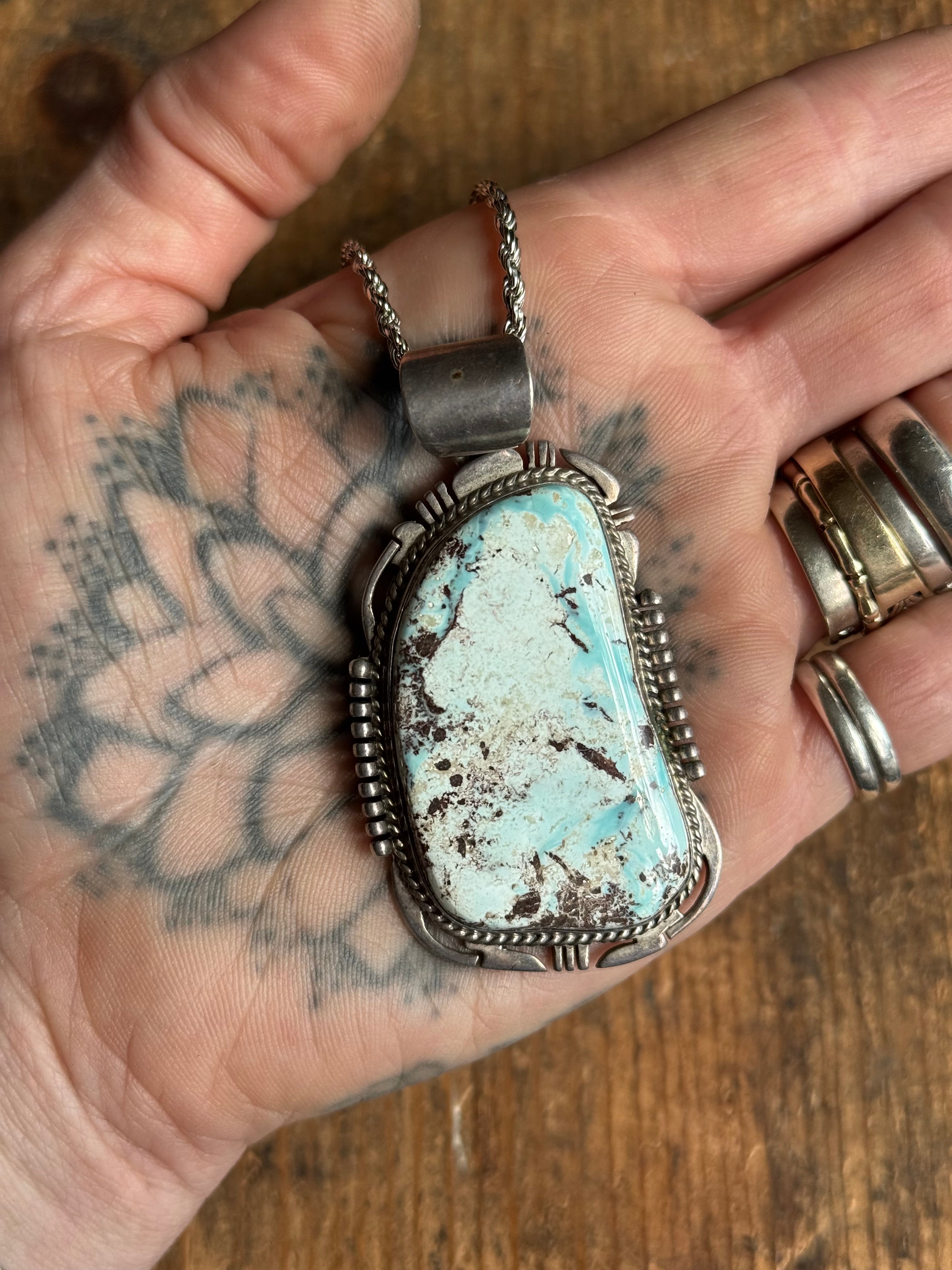 HUGE Vintage Sterling Silver Turquoise Sawcut 24" Necklace