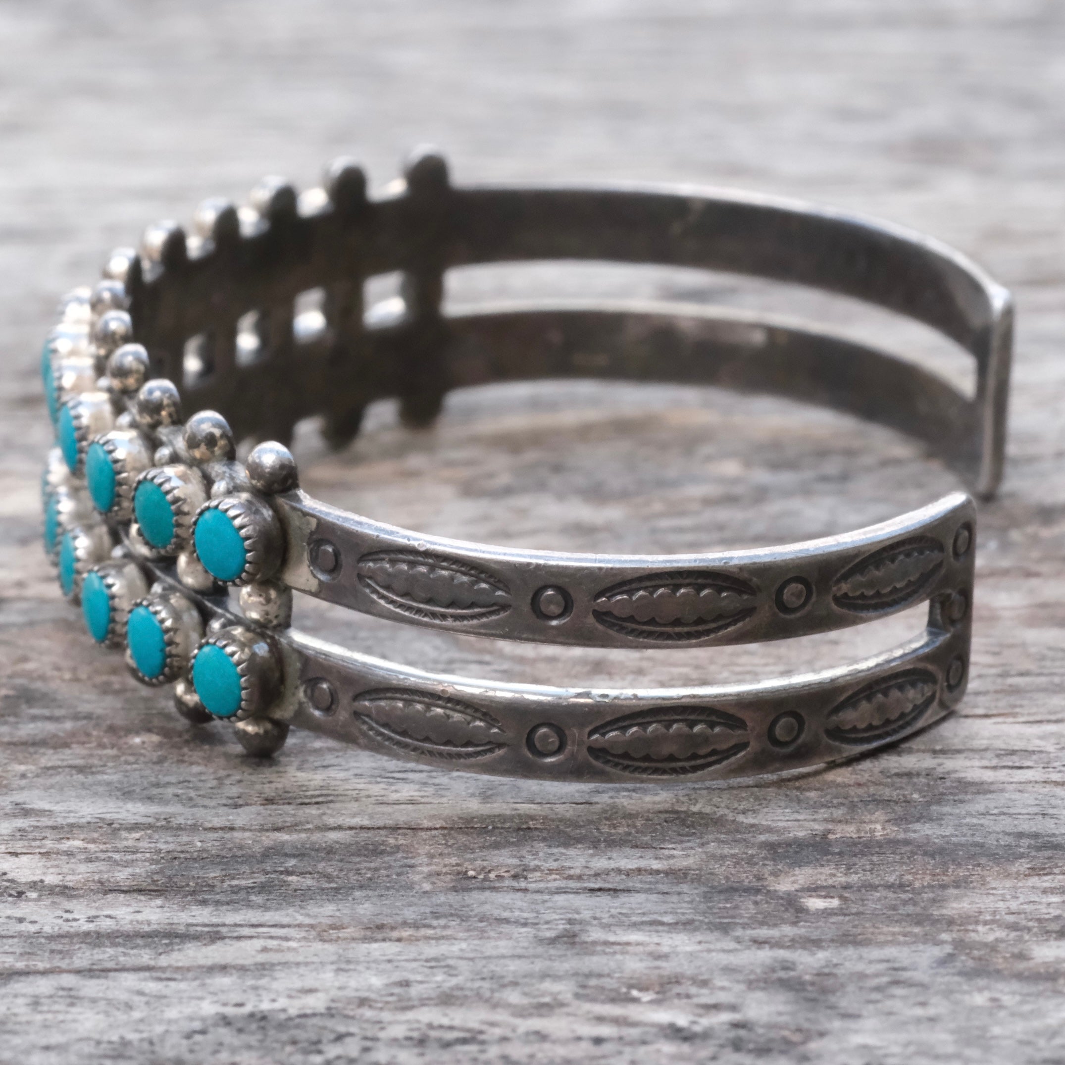 Vintage Sterling Double Row Snake Eye Turquoise Cuff Bracelet