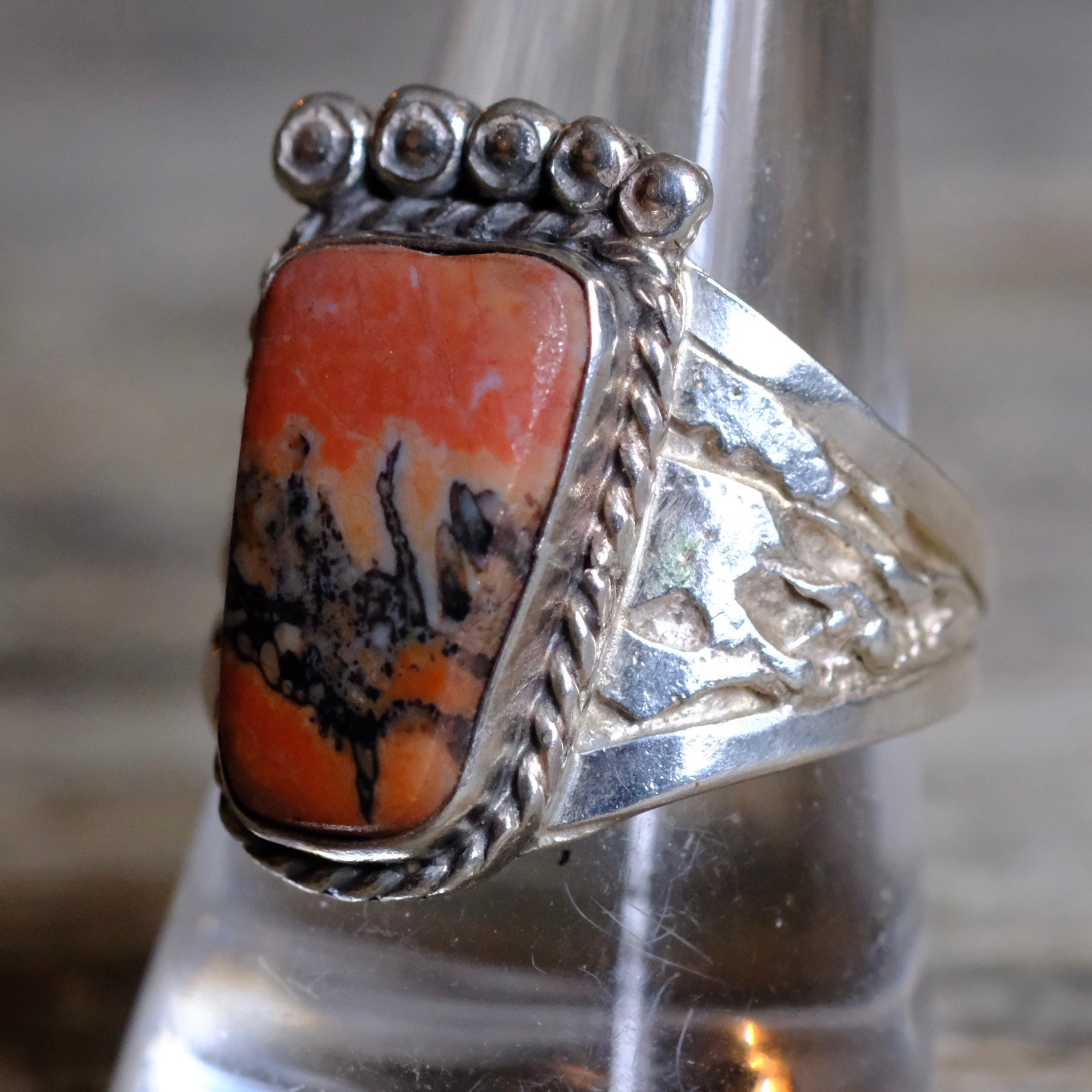 Vintage Sterling Petrified Wood Ring 10.25