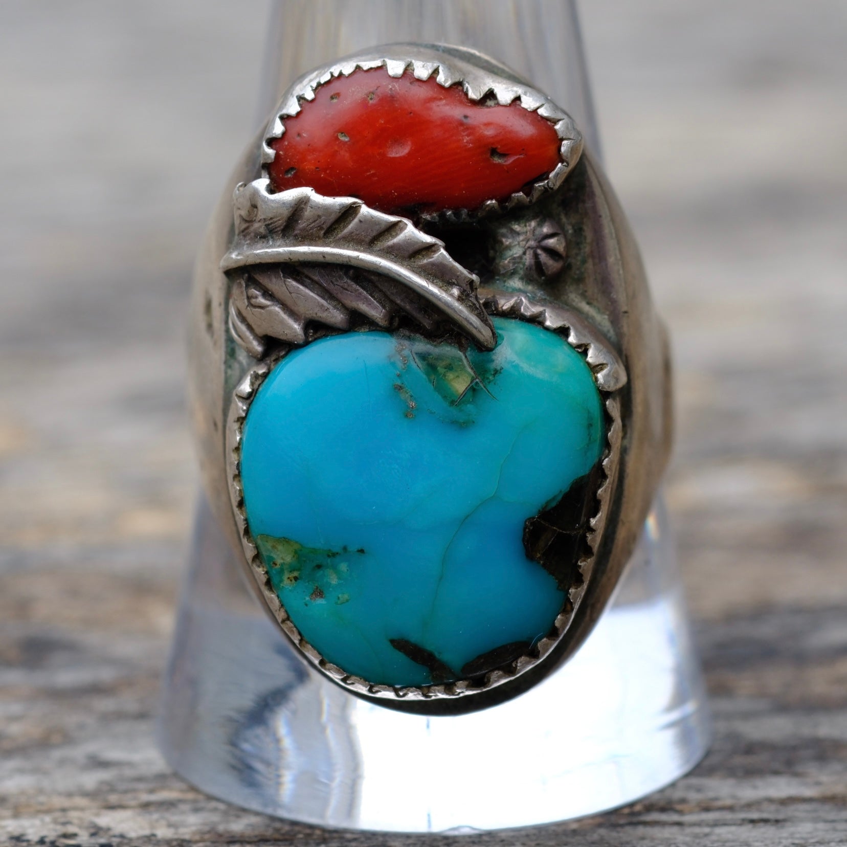 Vintage Sterling Turquoise and Coral Feather Ring 11