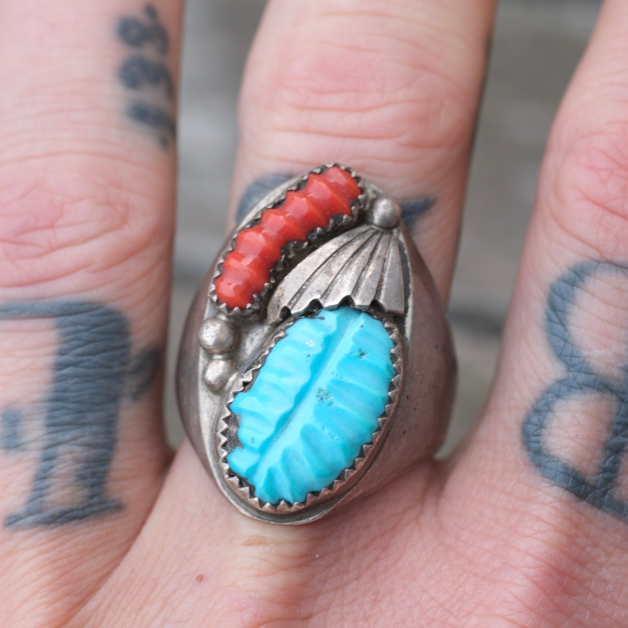 Vintage Sterling Faceted Turquoise and Coral Ring 11