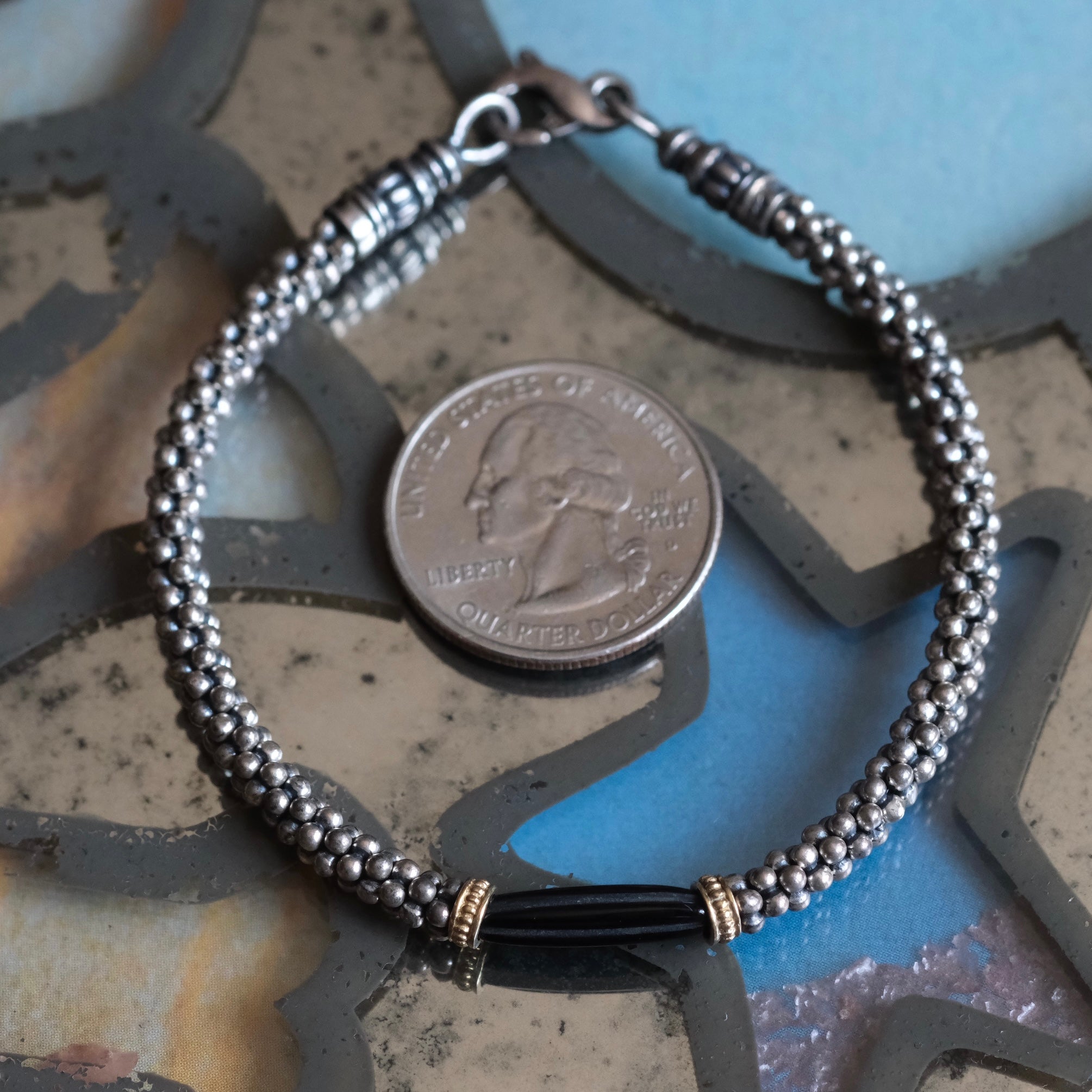 Vintage Sterling Silver Onyx Popcorn Chain Bracelet 7.25"