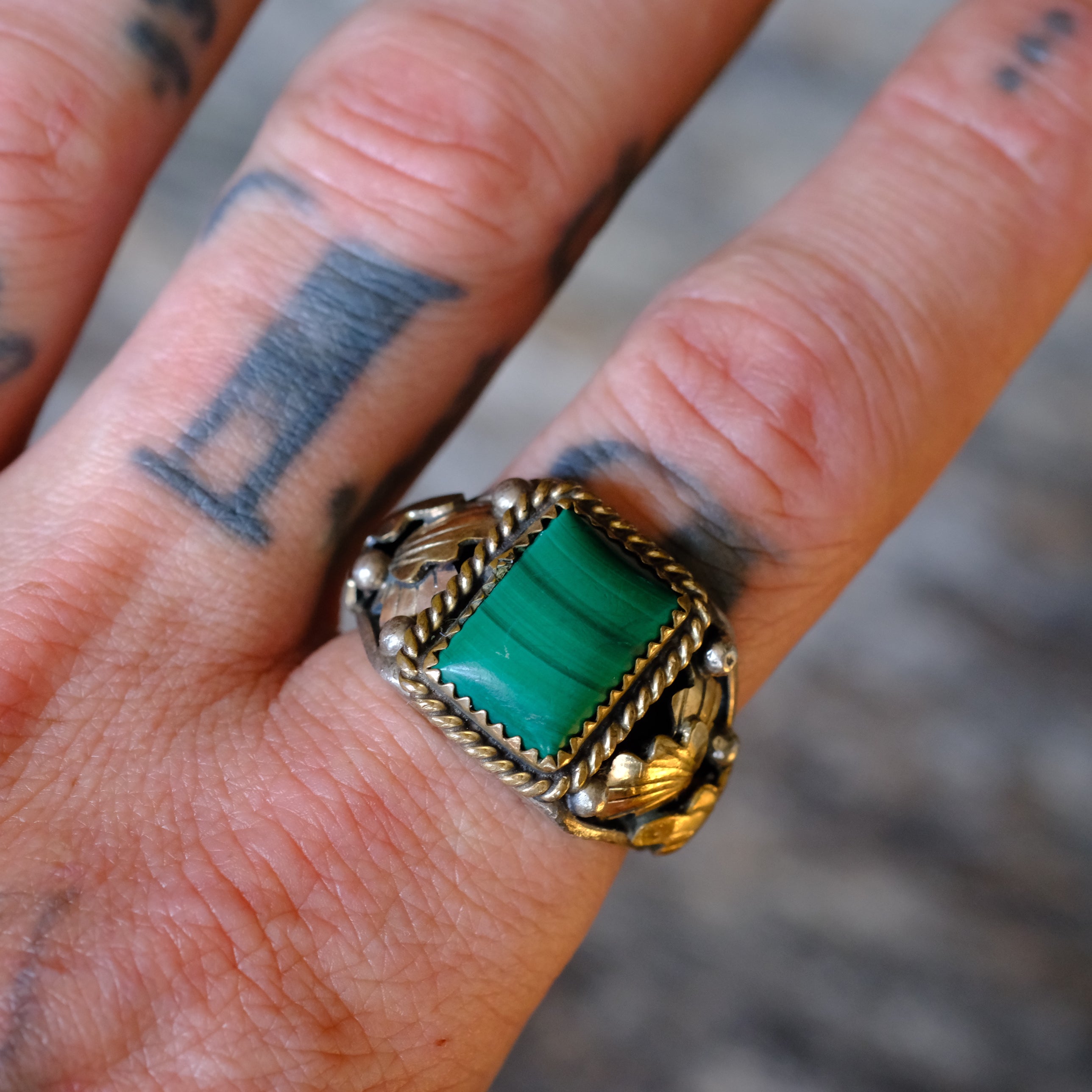 Vintage Sterling Malachite Feather Ring 11