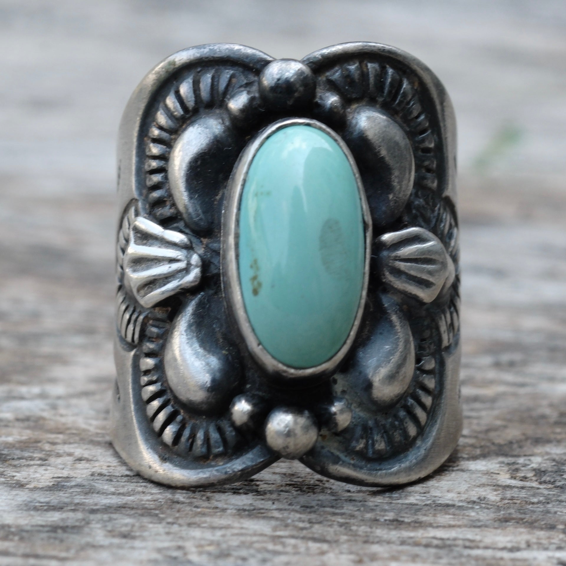 Vintage Sterling Turquoise Stamped Cigar Band Ring 7.25