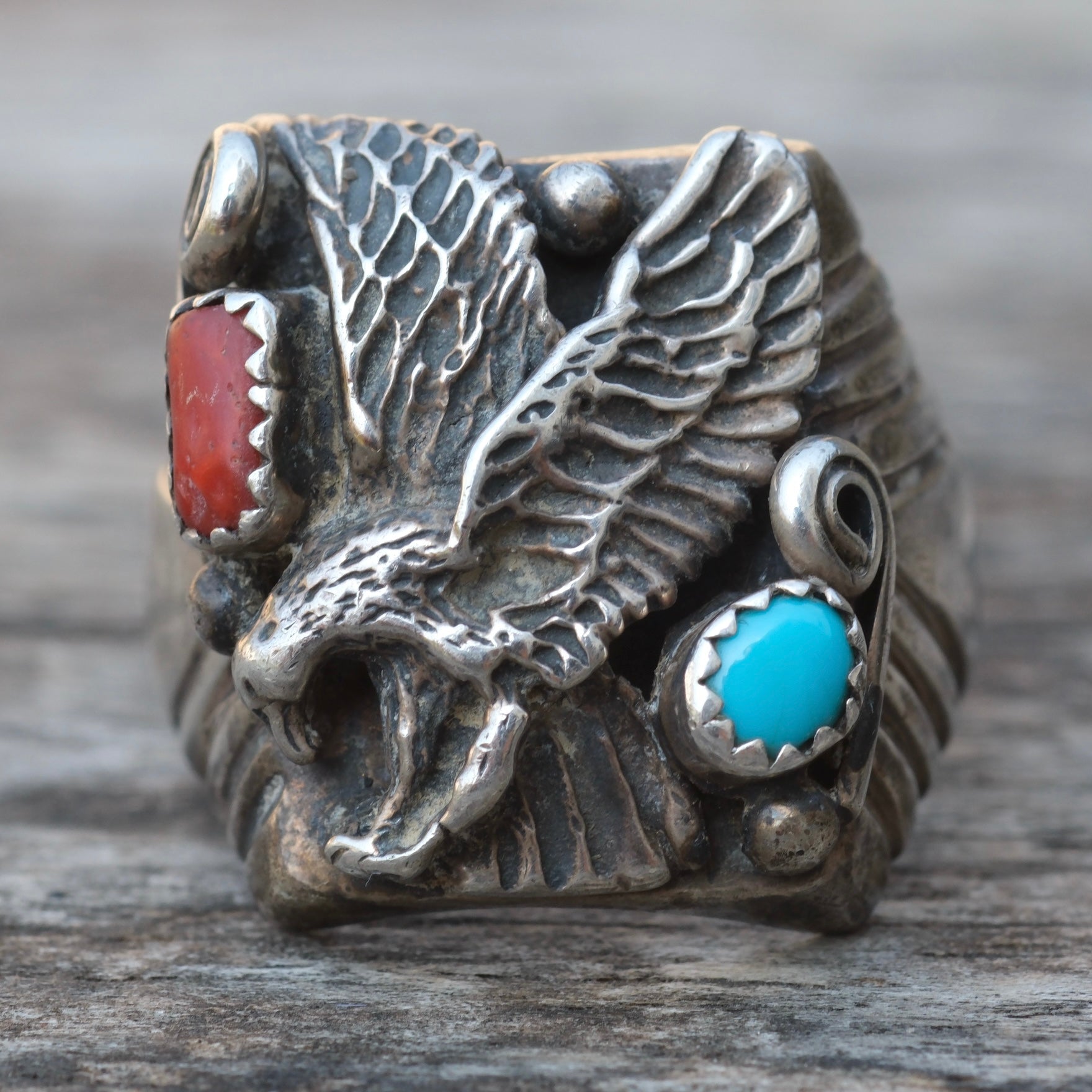 Vintage Sterling Turquoise and Coral Eagle Ring 12