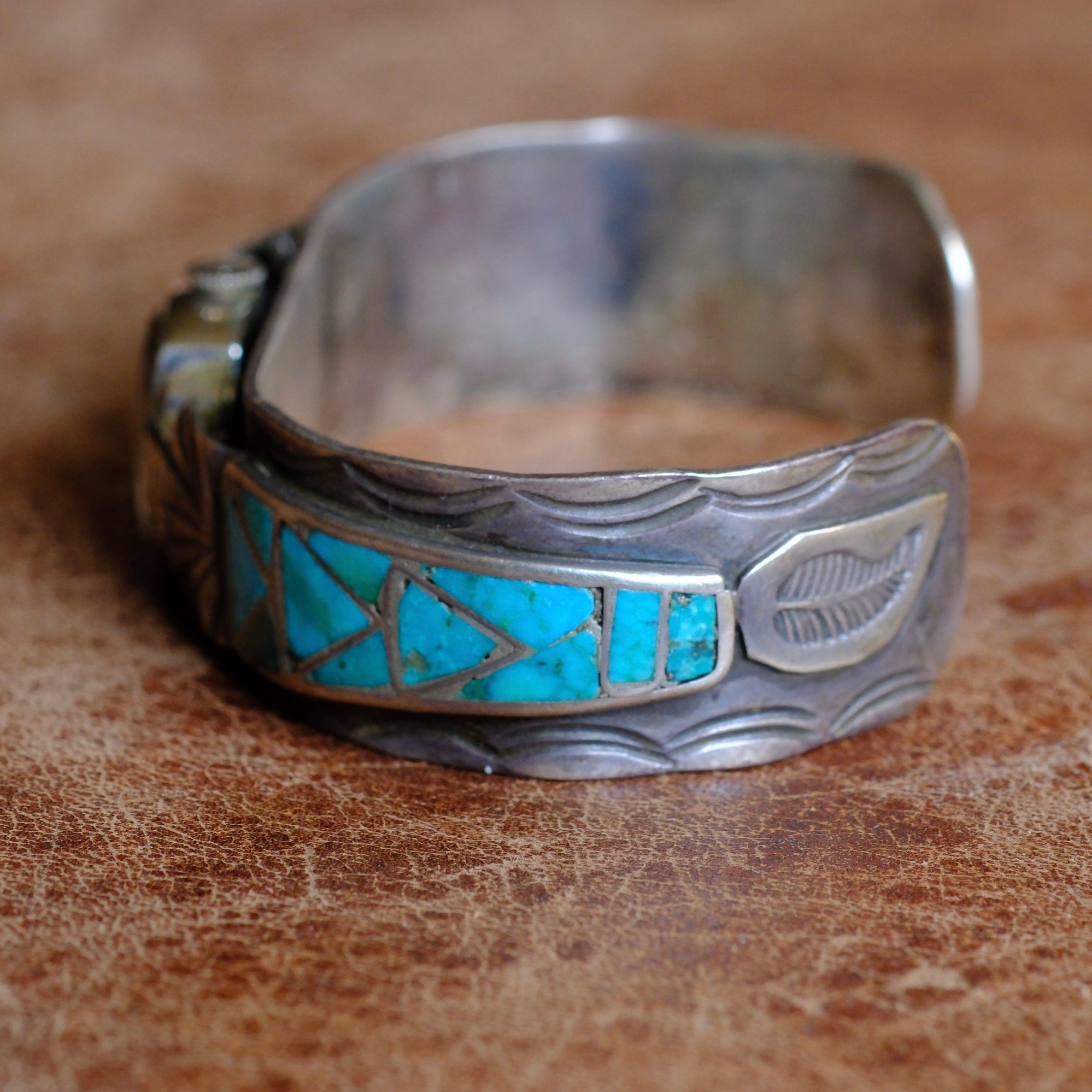 Vintage Sterling Turquoise Inlay Watch Cuff Bracelet