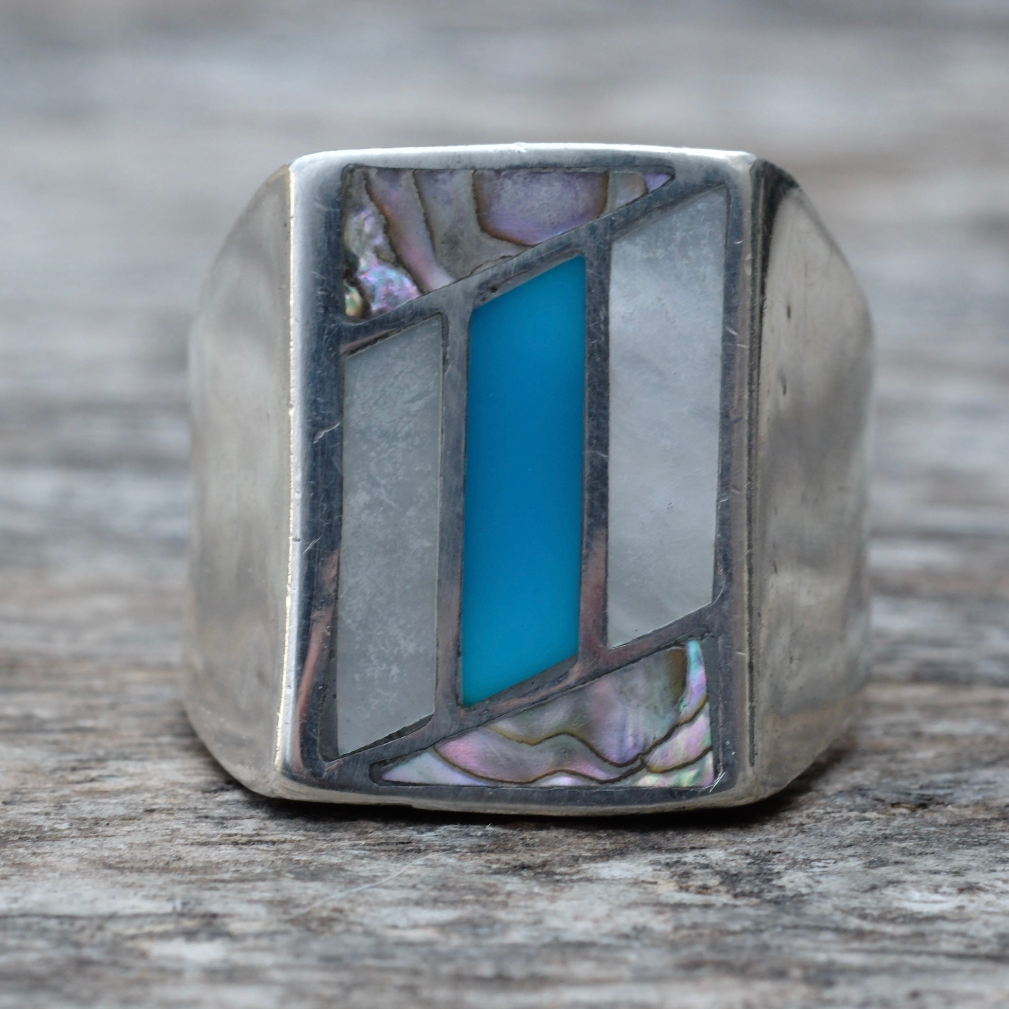 Vintage Sterling Mother Of Pearl Abalone and Turquoise Inlay Ring 11