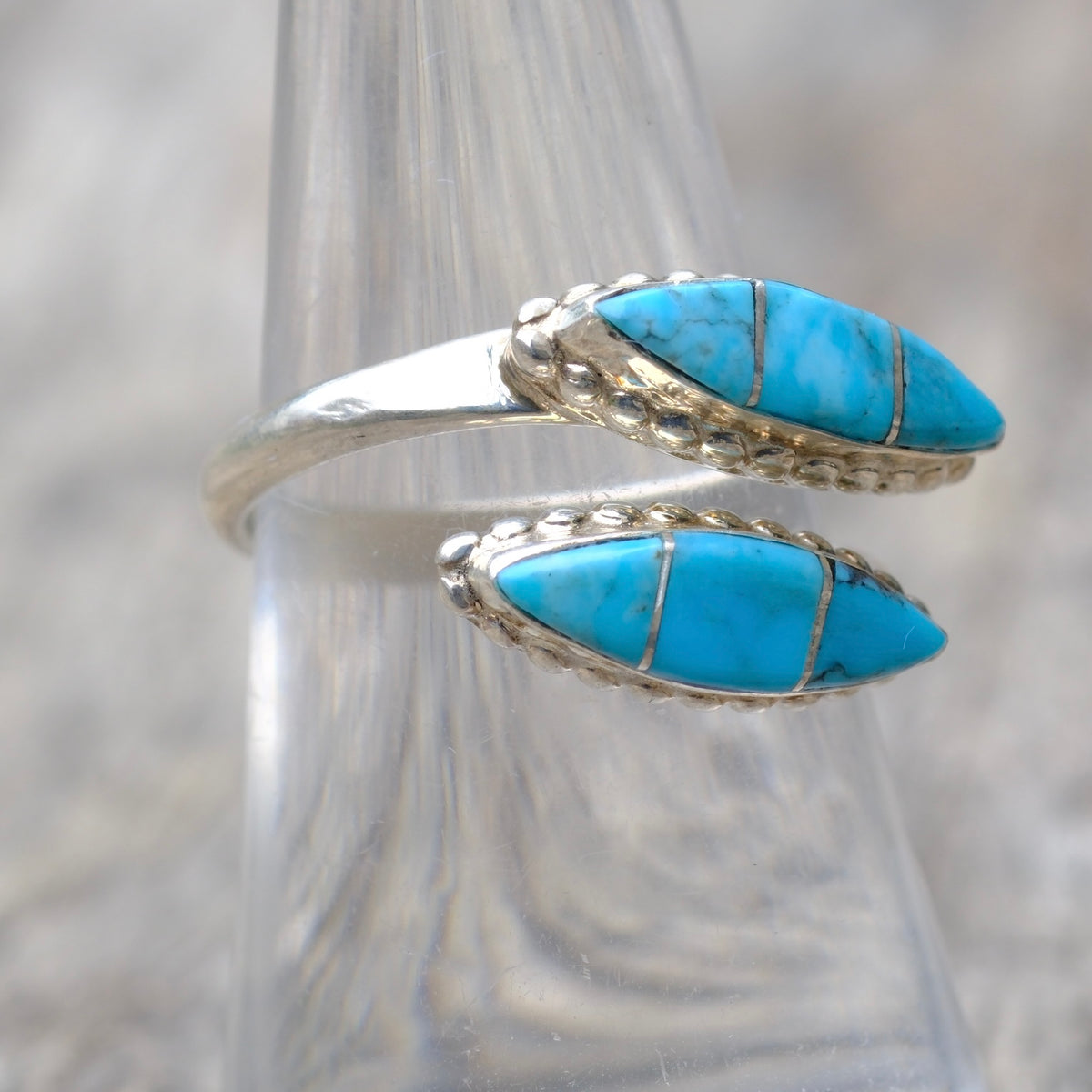Vintage Sterling Turquoise Inlay Overpass Ring 7.5