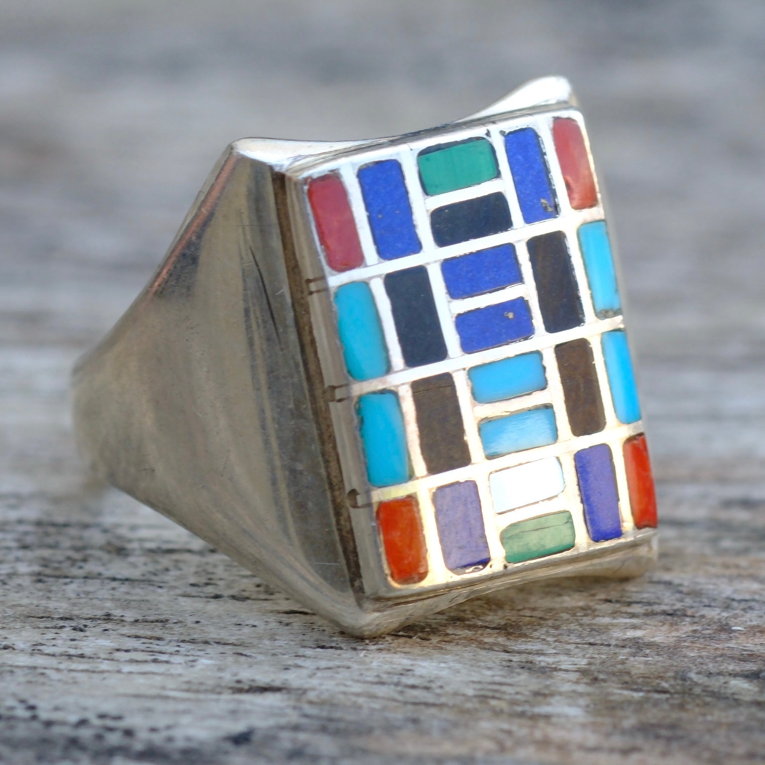 Vintage Sterling Multistone Inlay Panel Ring 8.5