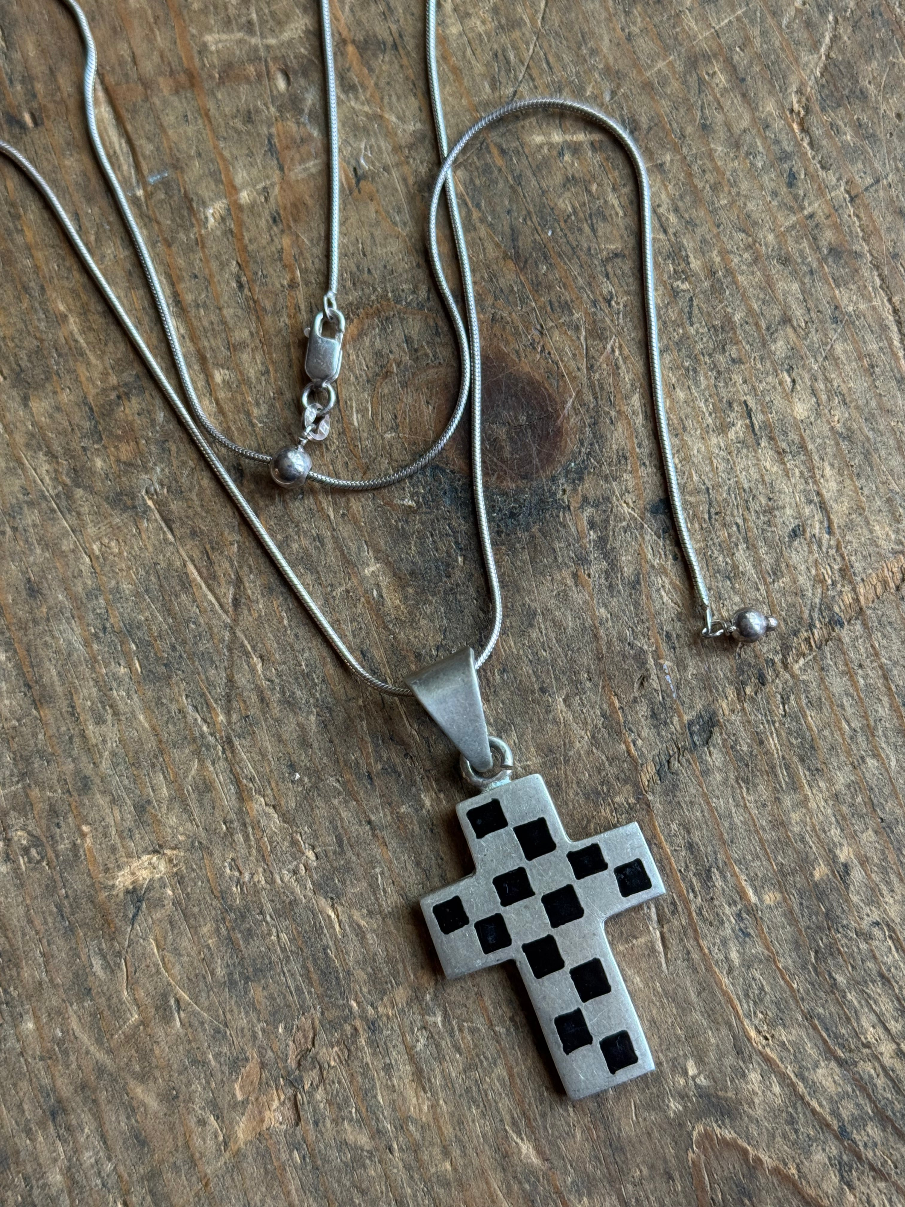 Vintage Sterling Silver Black Enamel Checkerboard Cross Necklace