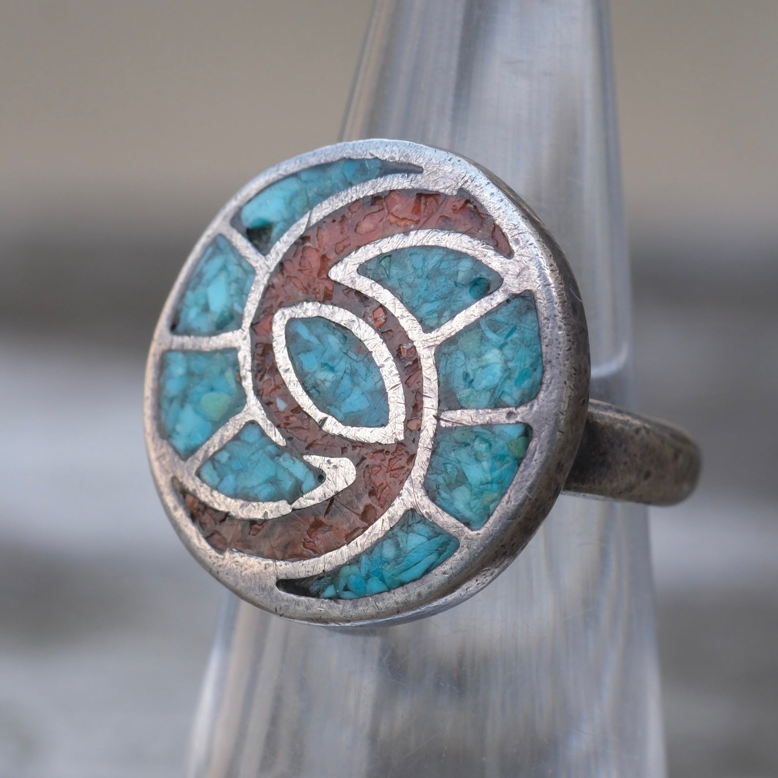 Vintage Sterling Turquoise and Coral Inlay Ring 4.75
