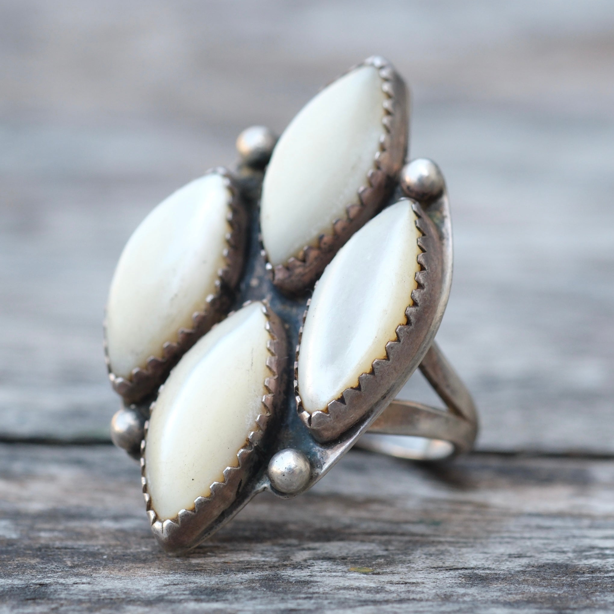 Vintage Sterling Mother Of Pearl Cluster Ring 8.75