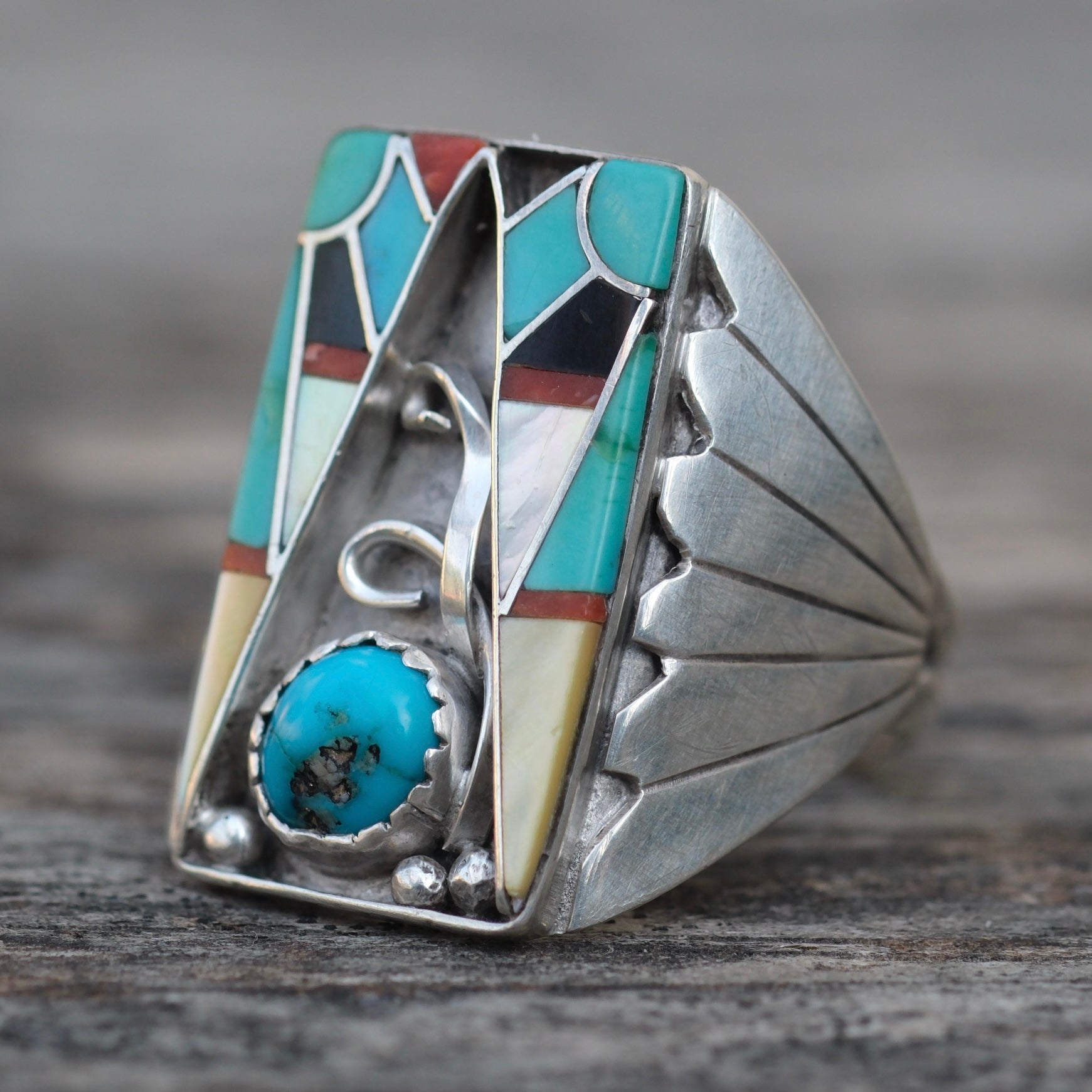 Vintage Sterling Zuni Inlay Ring 11.5