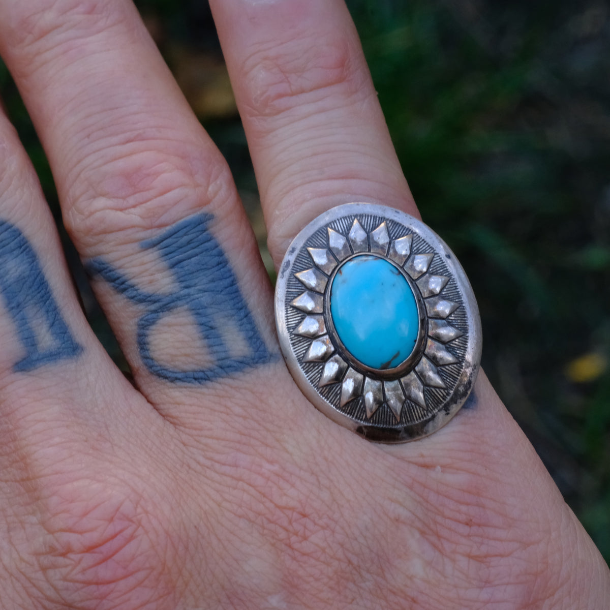 Vintage Sterling Turquoise Sun Burst Ring 5