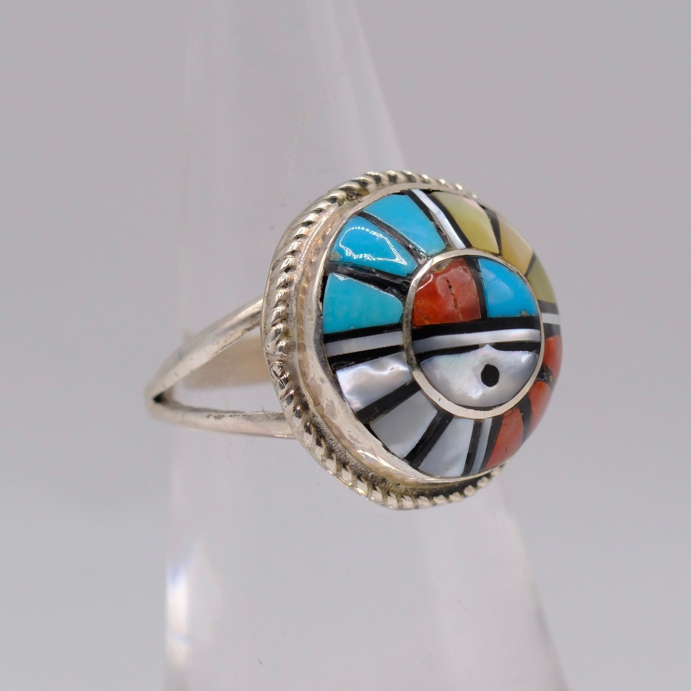 Vintage Sterling Mutlistone Inlay Zuni Sunface Ring 5