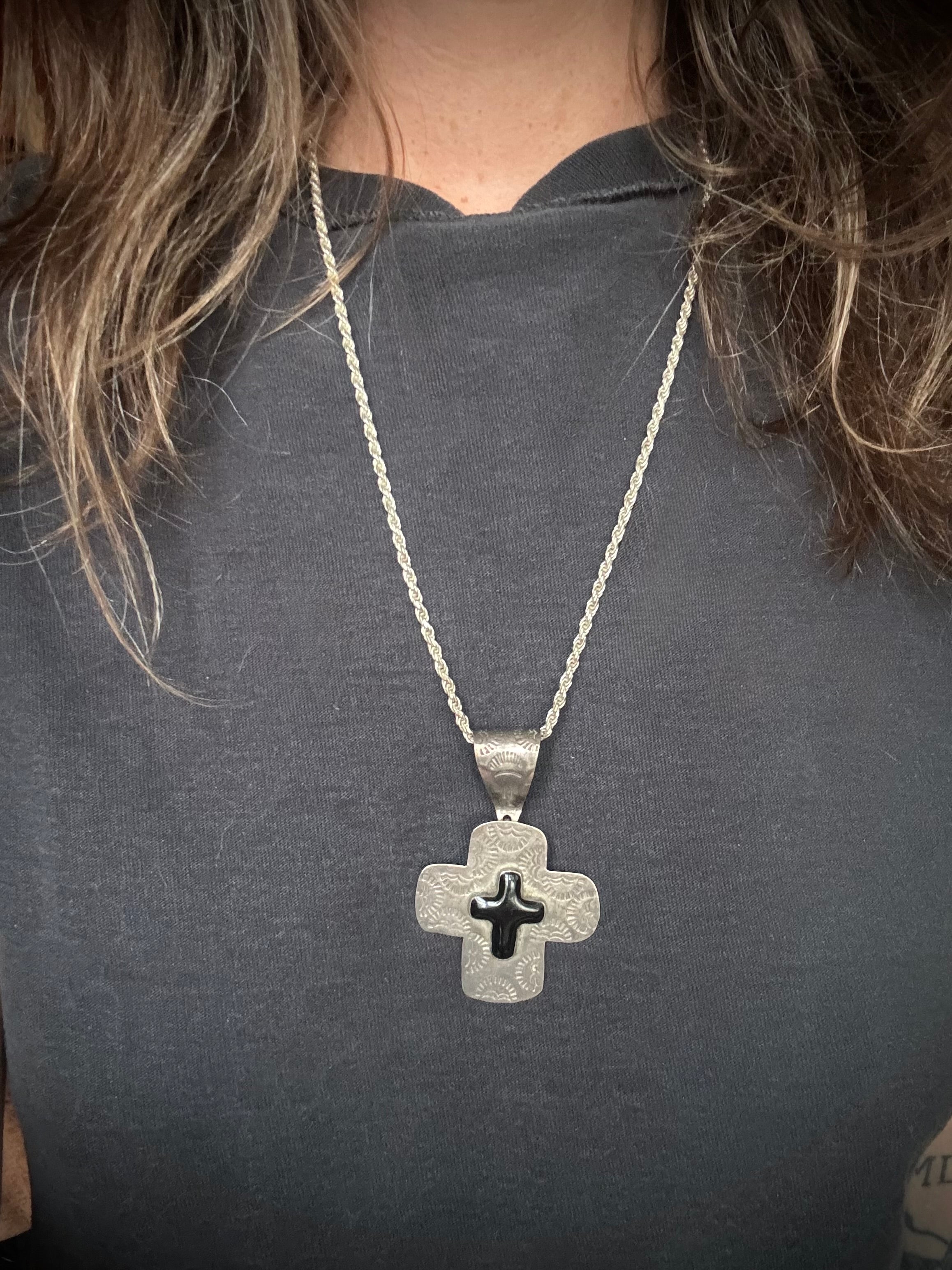 Vintage Sterling Silver Onyx Stamped Cross Necklace
