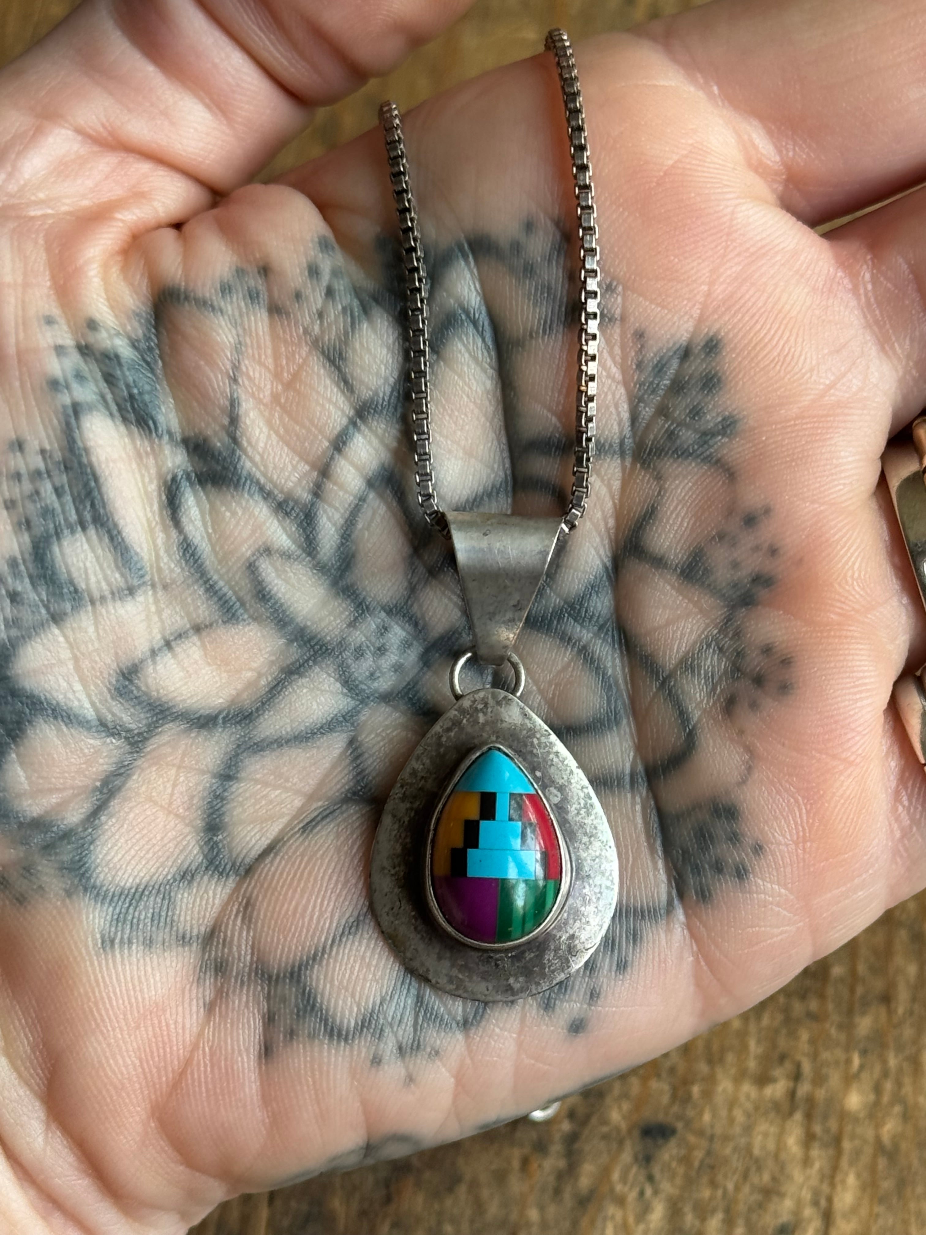 Vintage Sterling Silver Multistone Inlay Teardrop Necklace
