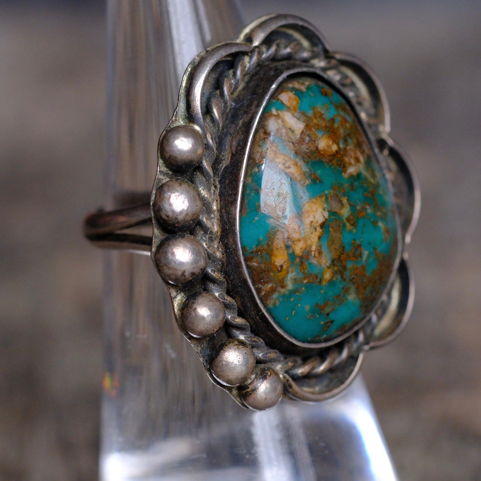 Vintage Sterling Turquoise Florette Ring 5