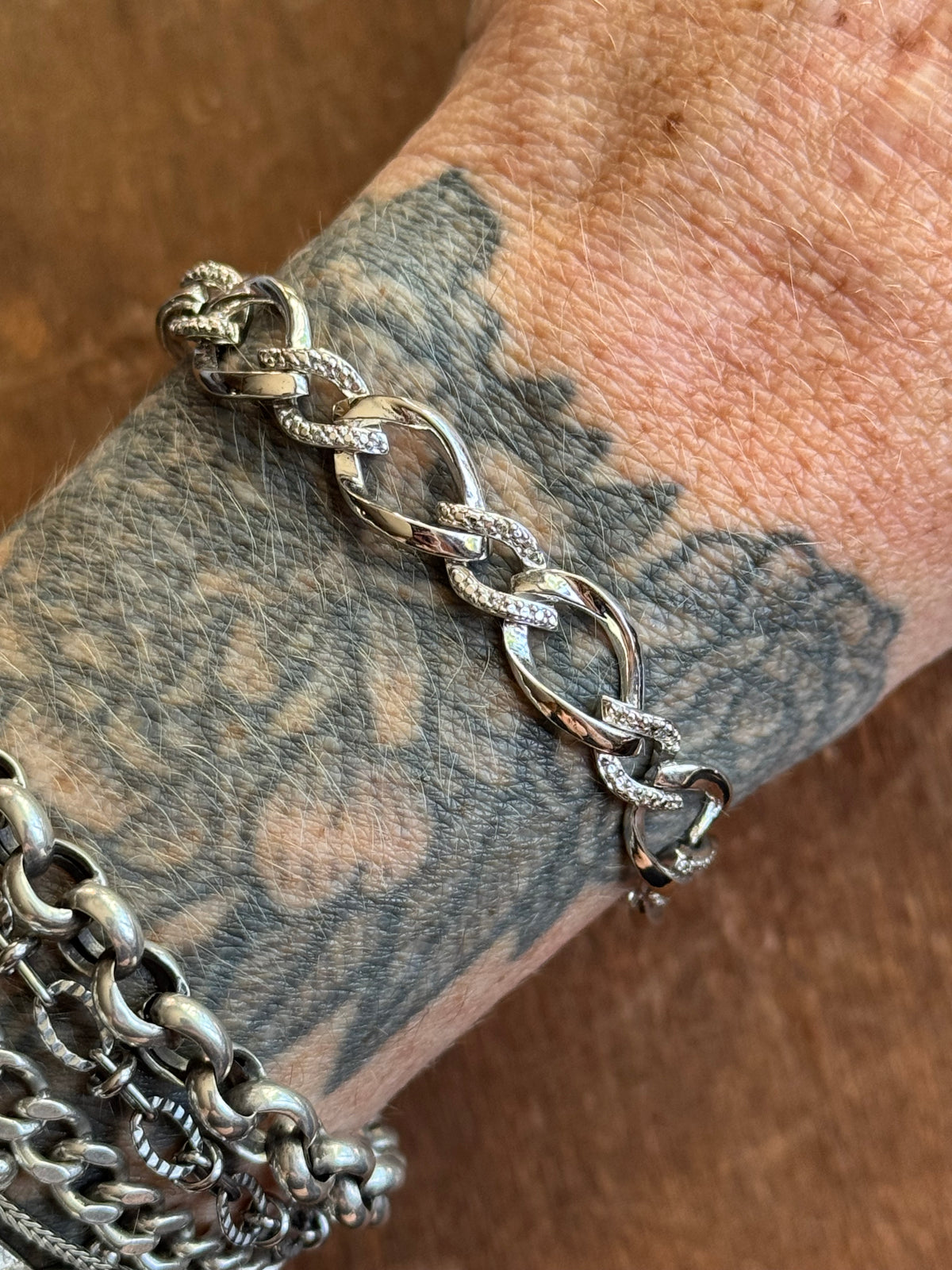 Vintage Sterling Silver 7.5” CZ Short & Long Chain Bracelet
