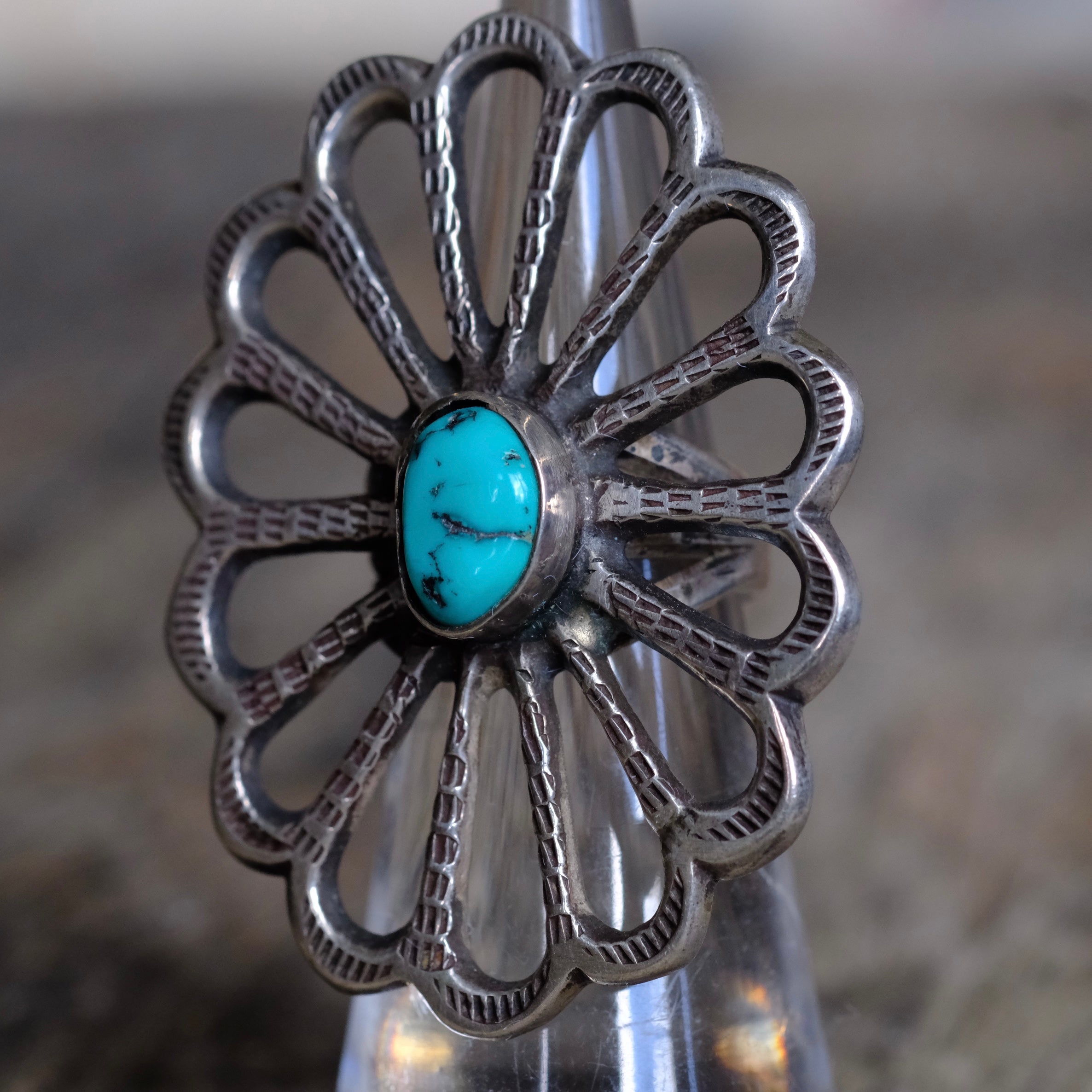 HUGE loop Vintage Sterling Turquoiser Flower Ring 4.25