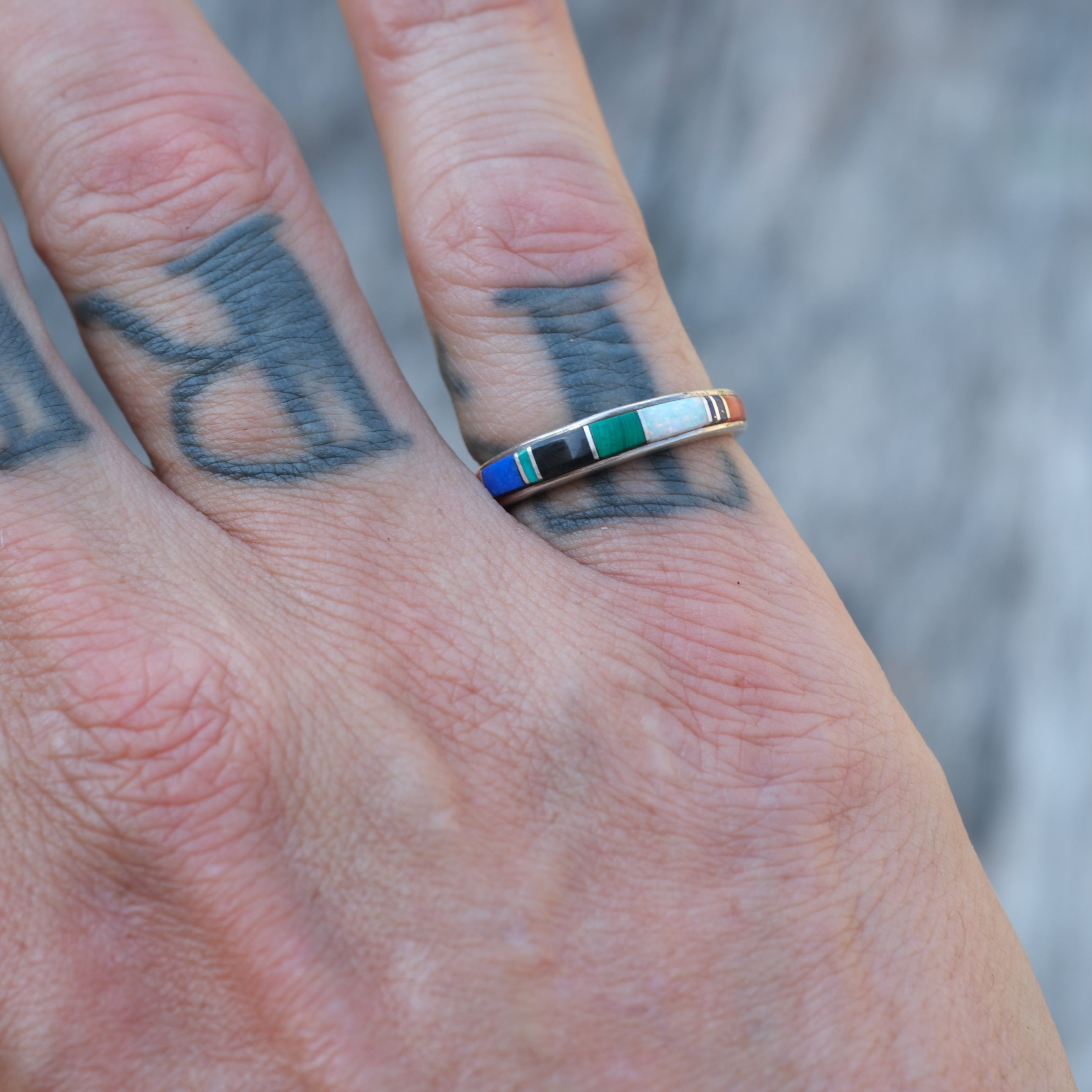 Vintage Sterling Multistone Inlay Band Ring 6.5