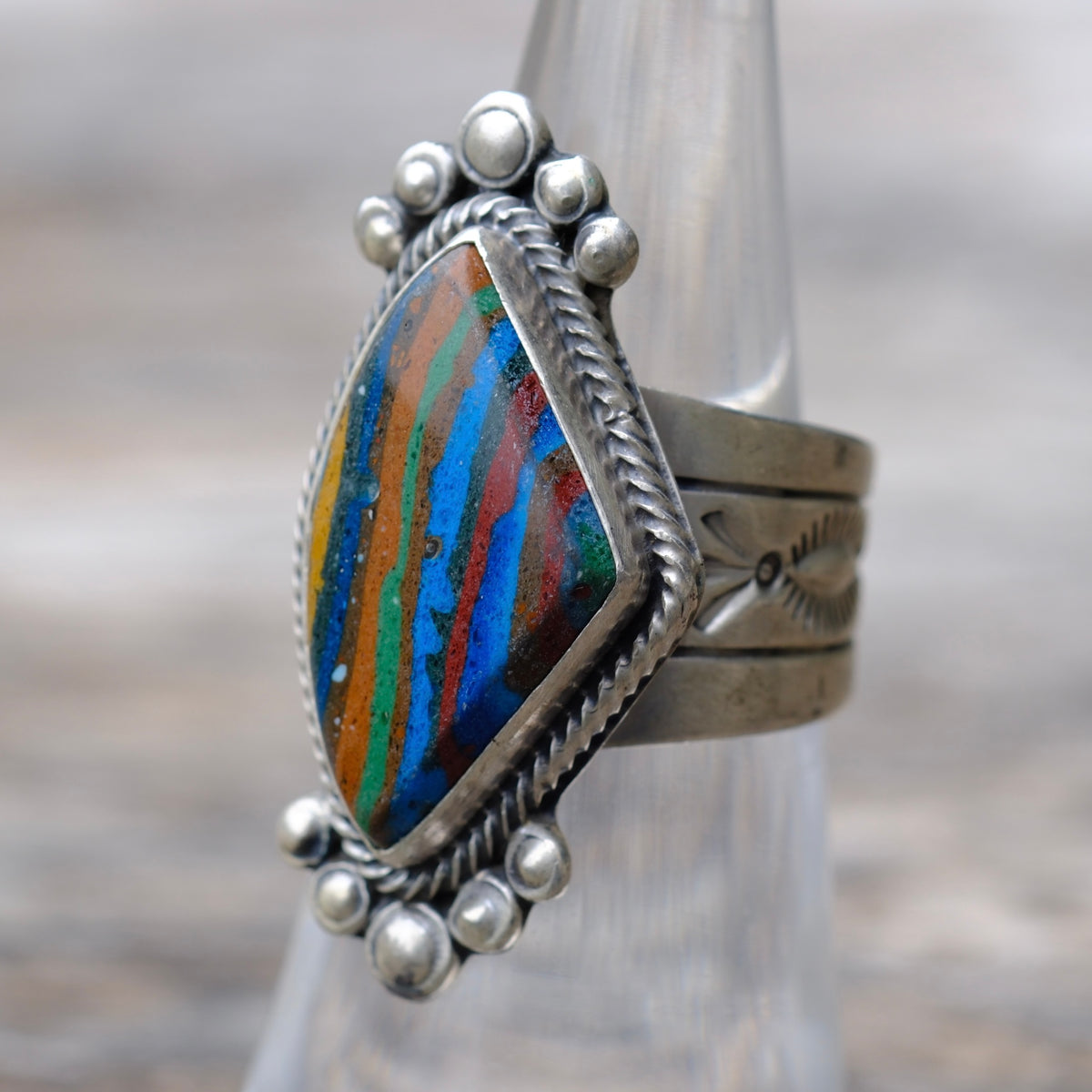Vintage Sterling Rainbow Calsillica Ring 6