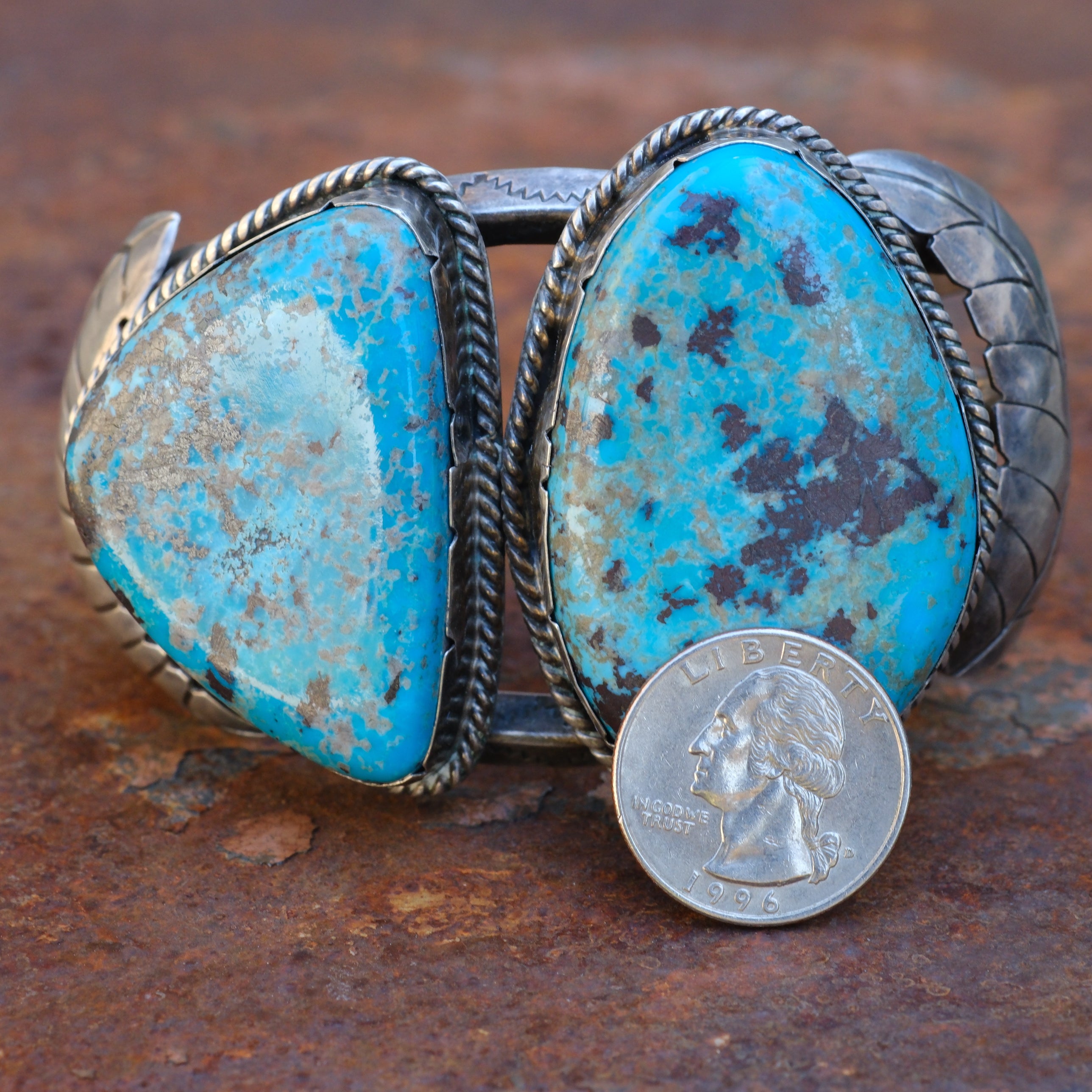 Massive Vintage Sterling 2-Stone Turquoise Stamped Feather Cuff Bracelet