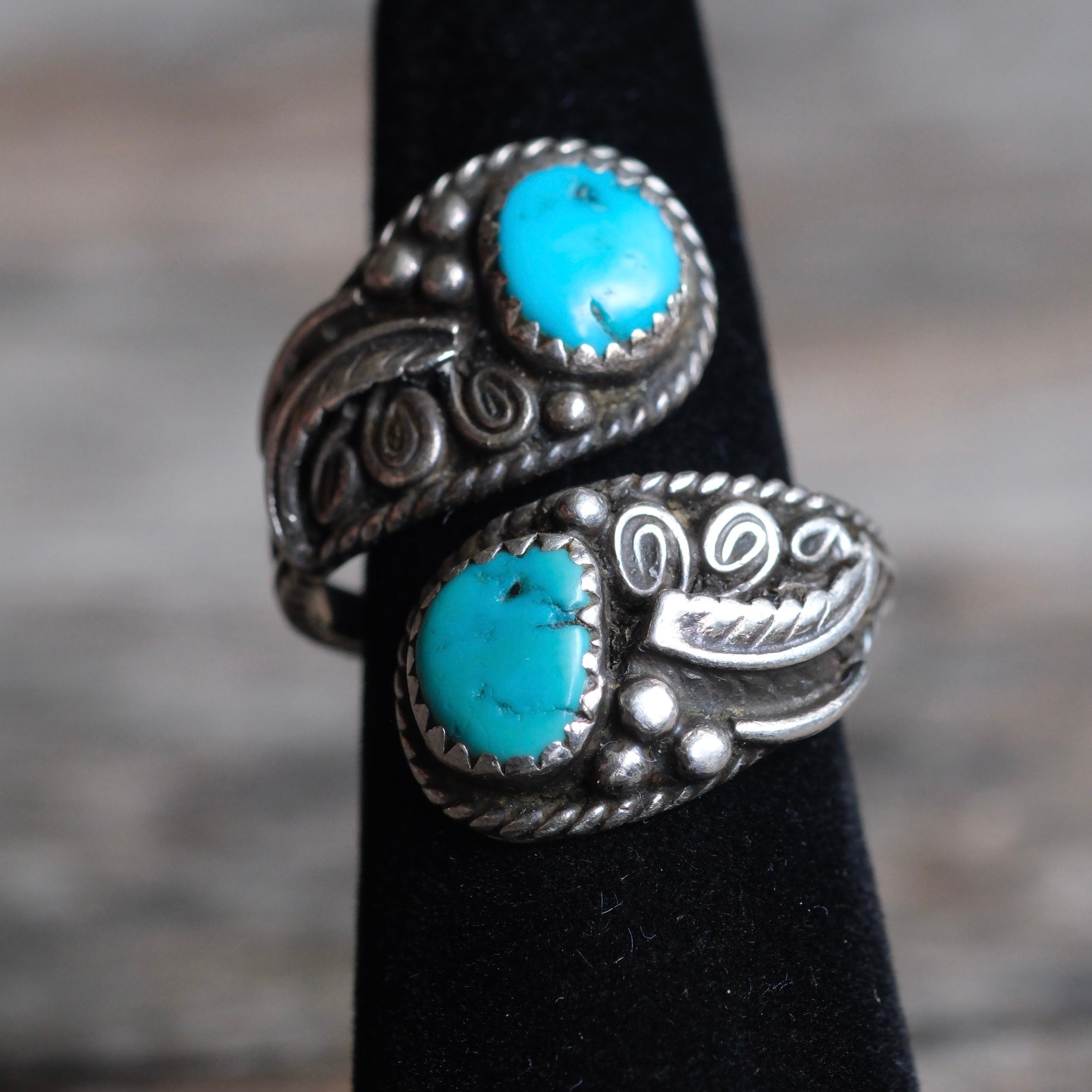 Vintage Sterling 2-Stone Turquoise Overpass Ring 6