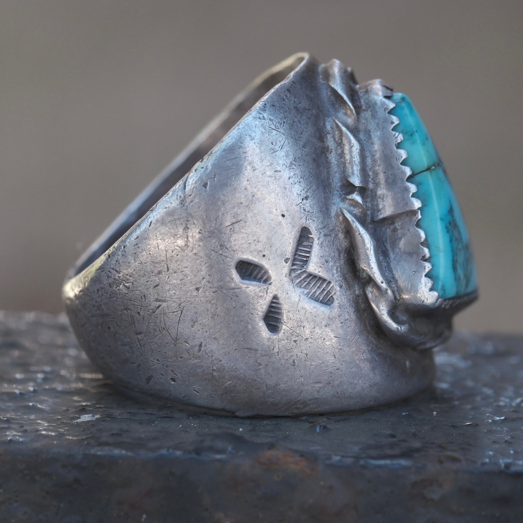 Vintage Sterling Turquoise Stamped Band Cigar Band Ring 11.25