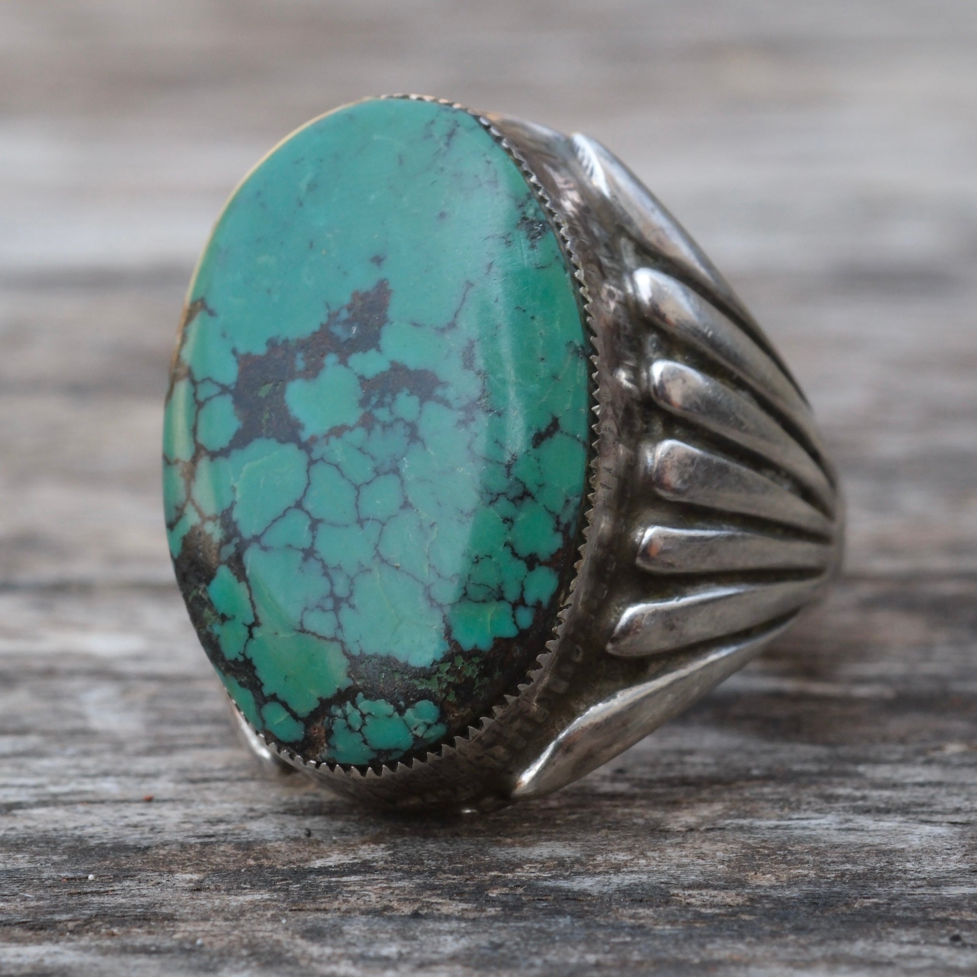 Vintage Sterling Turquoise Ribbed Band Ring 10
