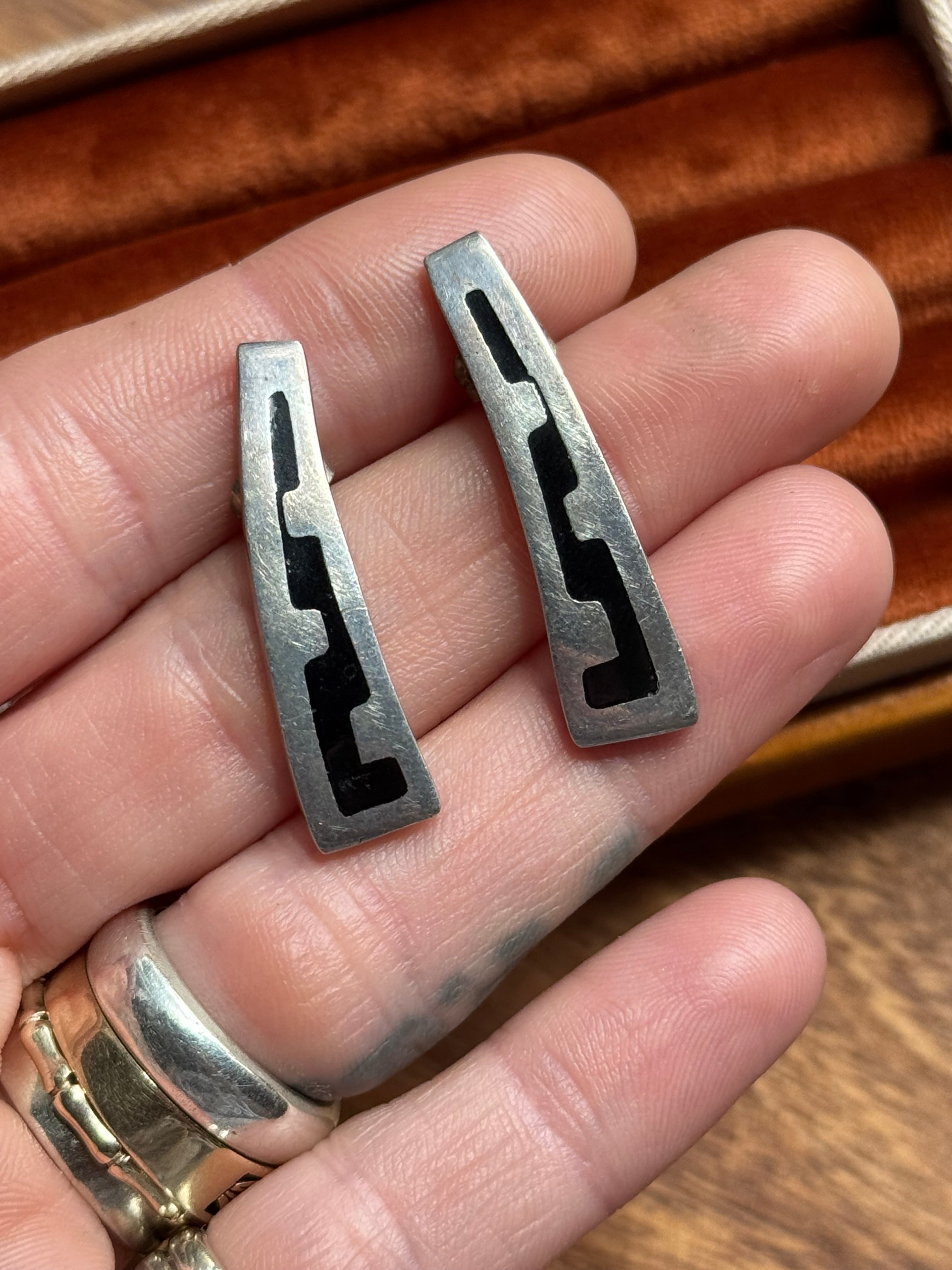 Vintage Sterling Silver Black Enamel Inlay Aztec Earrings